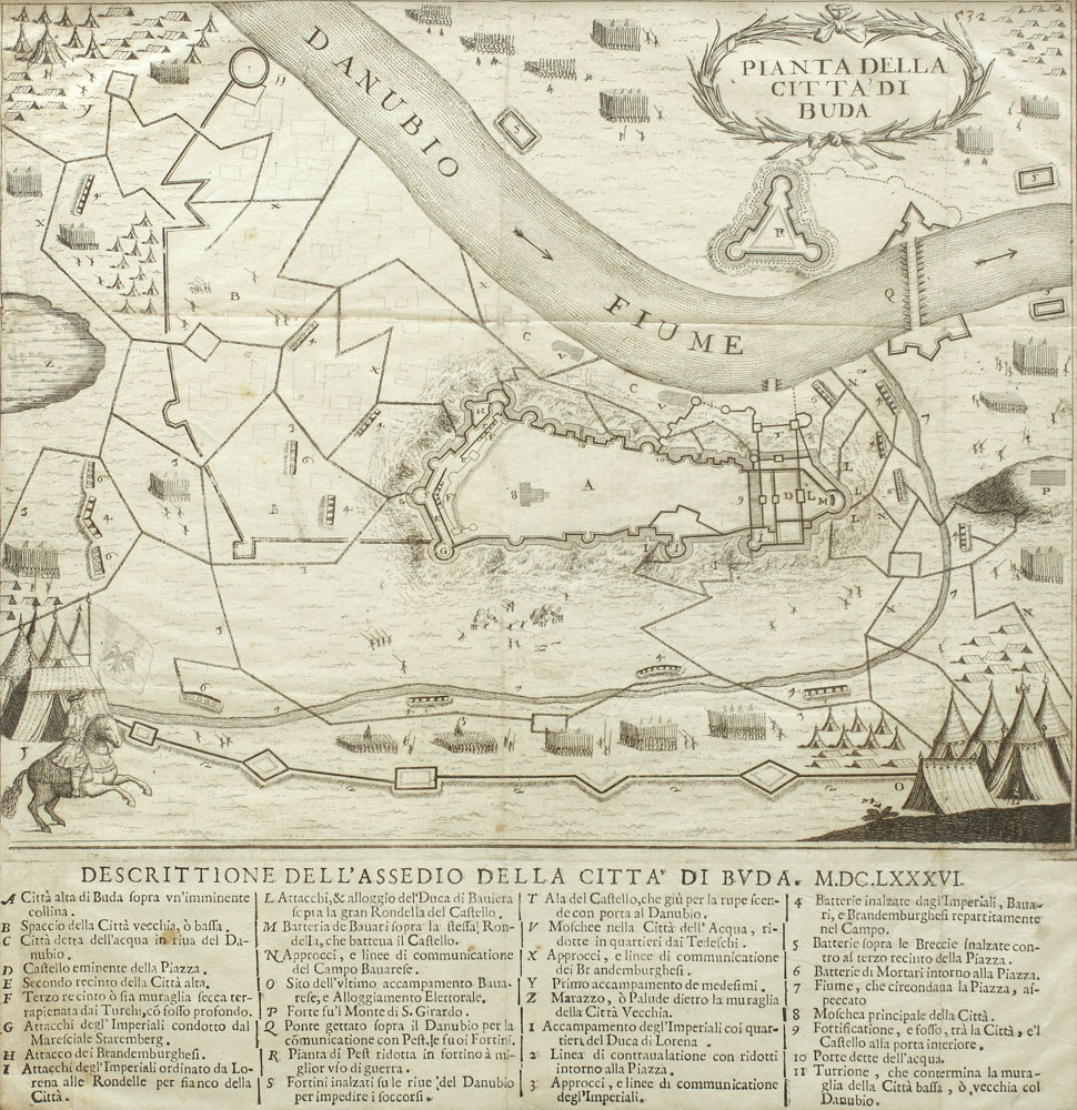 Hartă din a doua jumătate a secolului al XVIII-lea, Asediul Cetății Buda (1686)