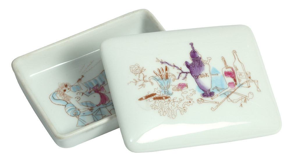 Casetă Rosenthal, pictată cu scenă erotică, designer Bele Bachem, cca 1950