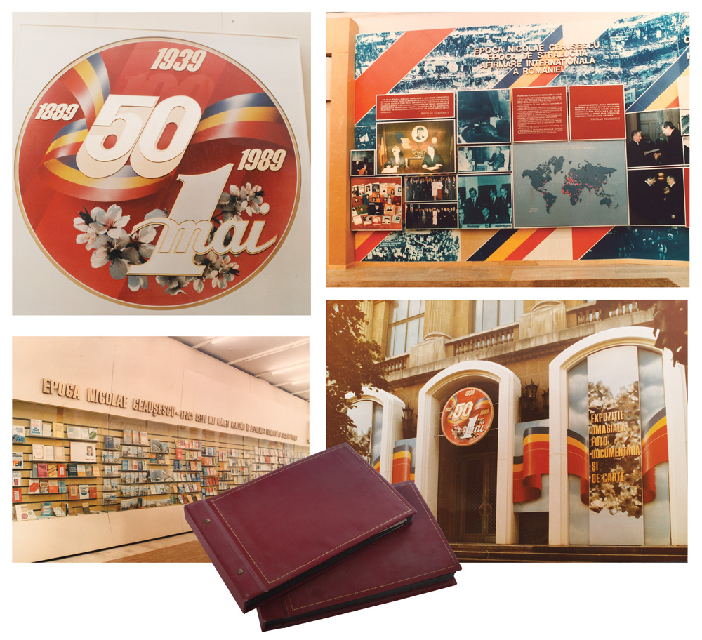 Două albume legate în pergamoid conținând 84 fotografii color oficiale realizate cu ocazia Expoziţiei din 1989 dedicată zilei de 1 Mai de la Muzeul Naţional de Artă din Bucureşti