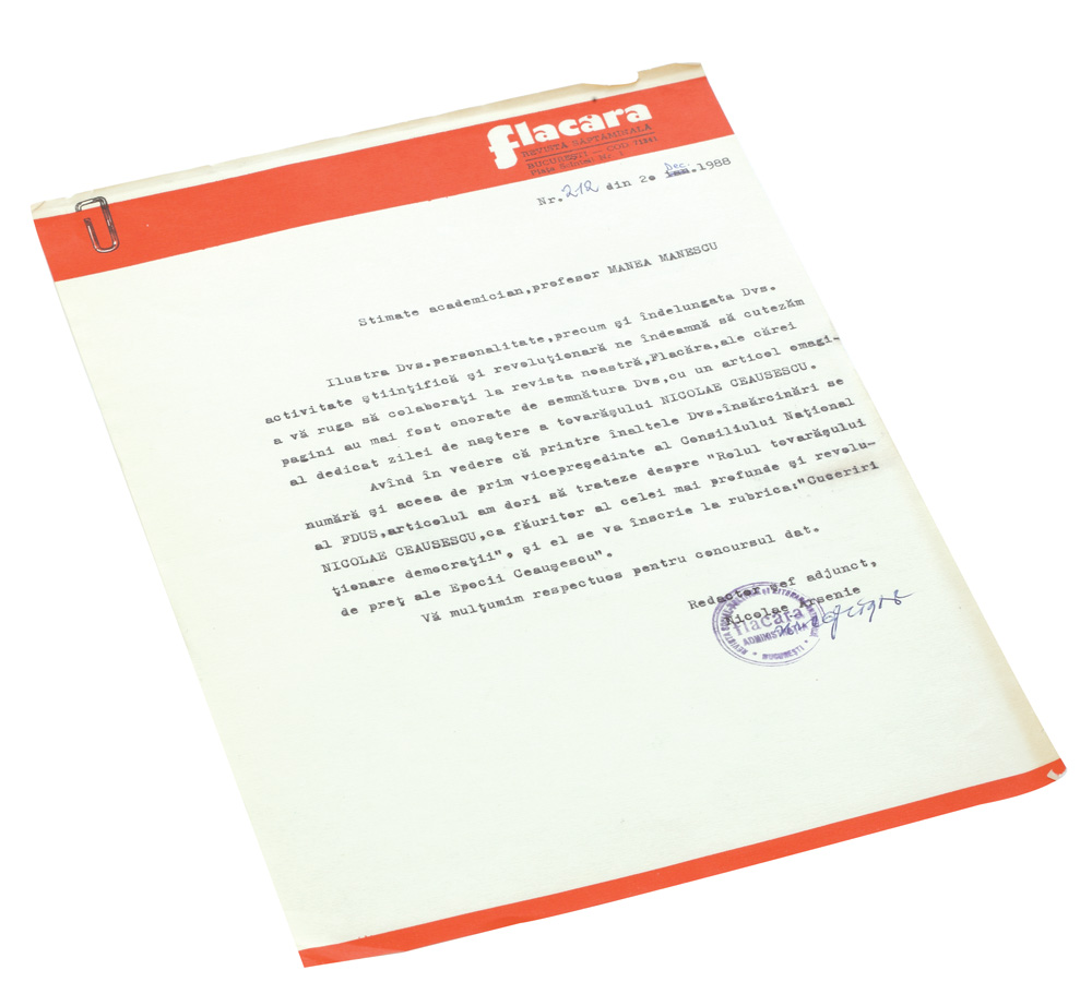 Scrisoare a redacției Flacăra către Manea Mănescu, 1988