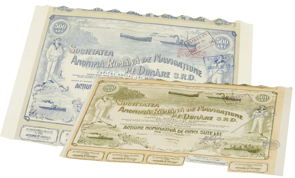 Certificate de acţionar la Societatea Română de Navigaţie pe Dunăre