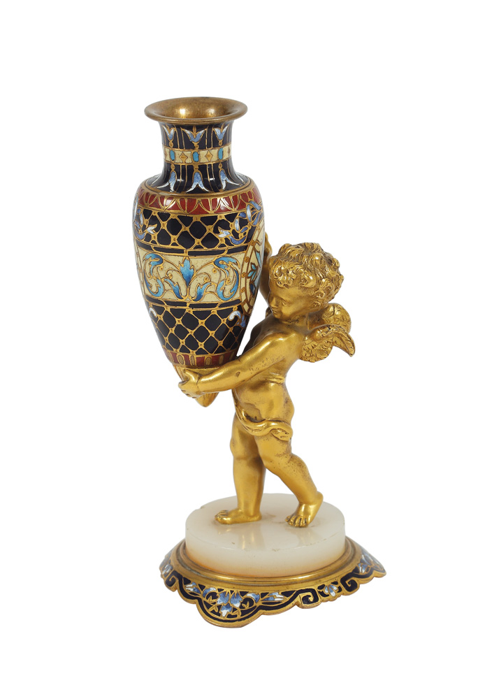 Solifloră de birou, decorată cu putto și email cloisonne