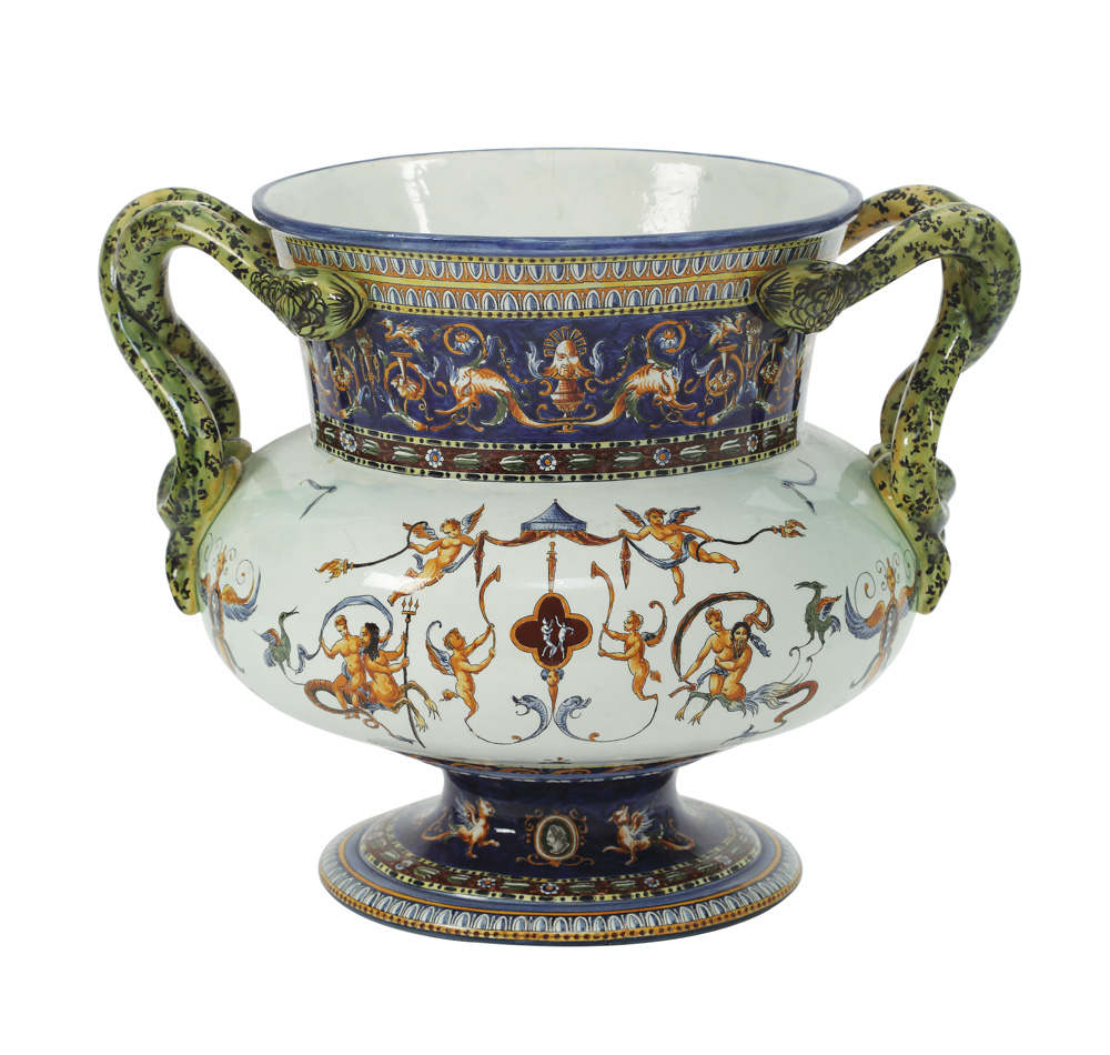 Cache-pot pictat cu scene istoriate, decorat cu animale fantastice, cca 1876-1877