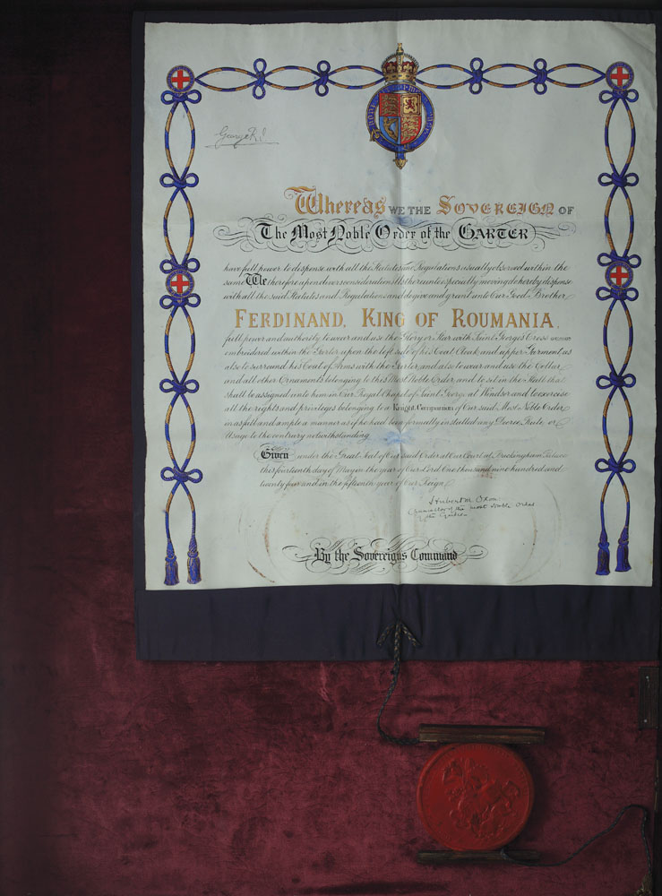 Diploma de acordare a Ordinului Jartierei Regelui Ferdinand al României de către Regele Angliei George V, 1924