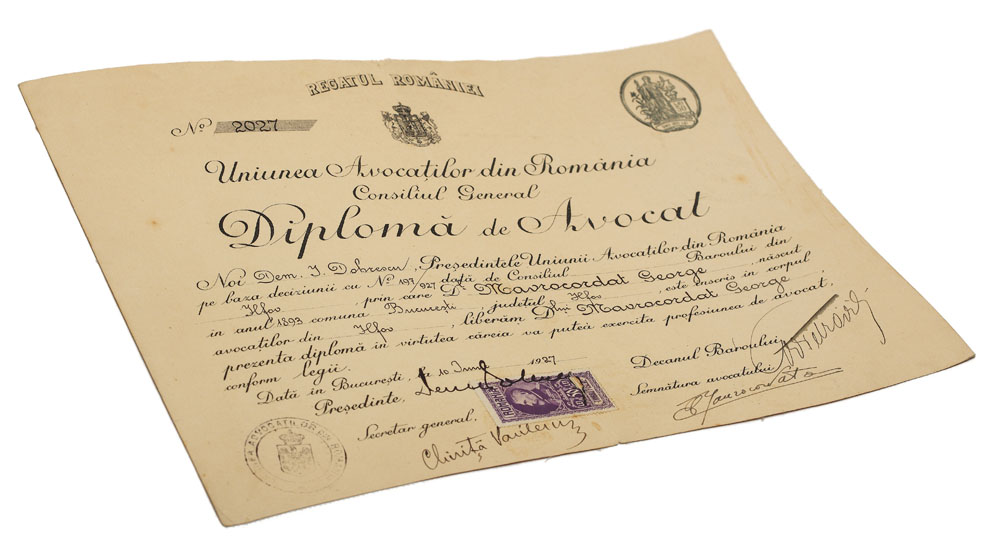 Diplomă de avocat, acordată prinţului George Mavrocordat de Decanul Baroului București Dem Dobrescu, viitorul primar al capitalei, 1927