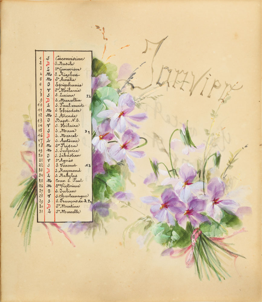 Viorele' (pagină de calendar cu motivul floral al lunii ianuarie 1898)