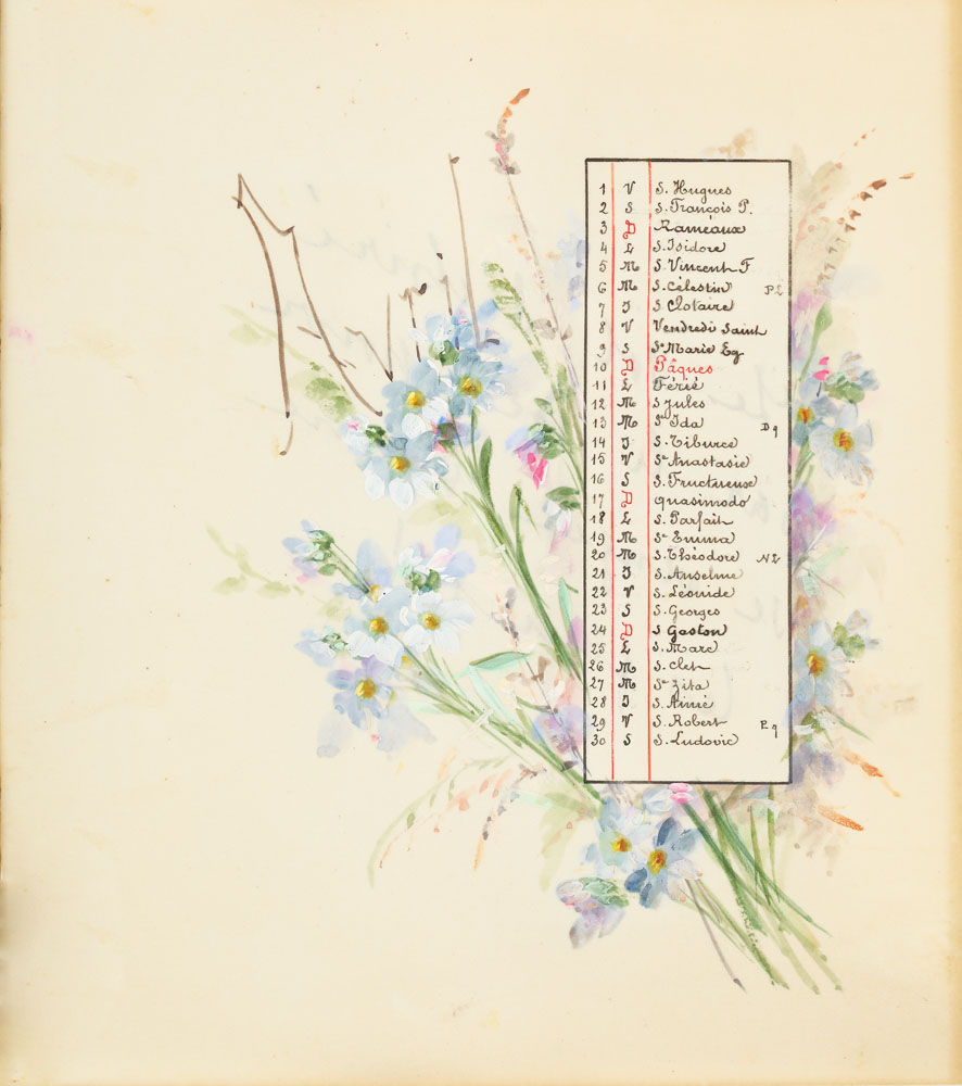 'Flori de nu-mă-uita' (pagină de calendar cu motivul floral al lunii aprilie 1898)