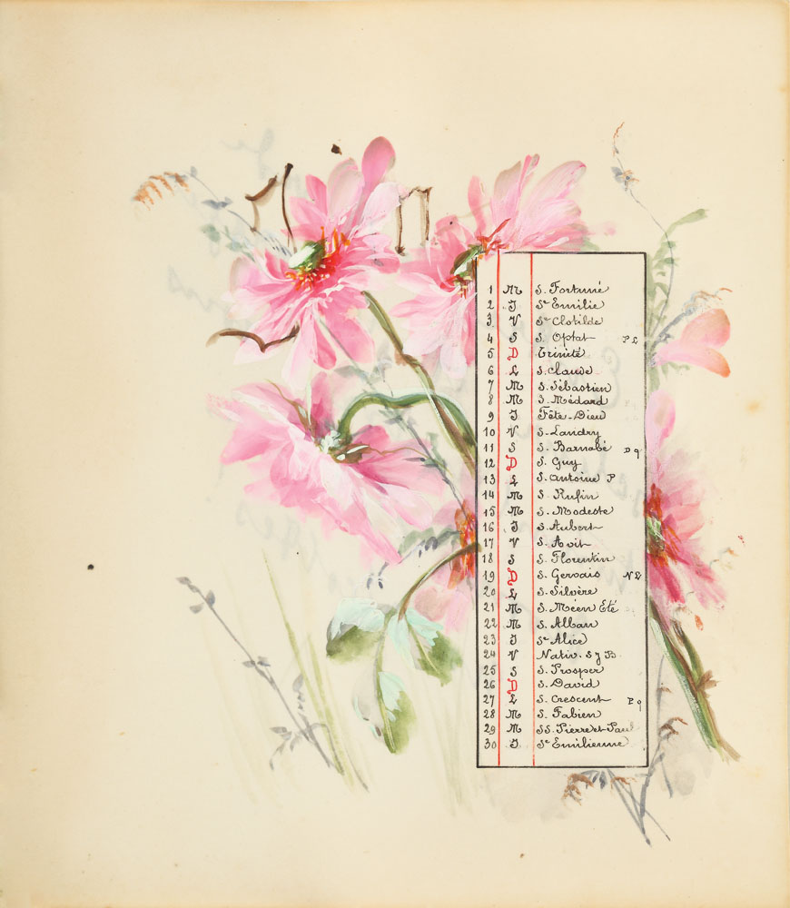 'Bujori' (pagină de calendar cu motivul floral al lunii Iunie 1898)