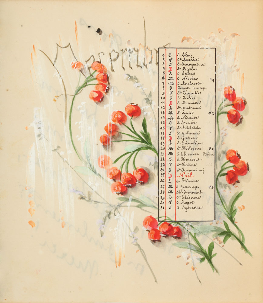 'Măceșe pe ninsoare' (pagină de calendar cu motivul floral al lunii Decembrie 1898)