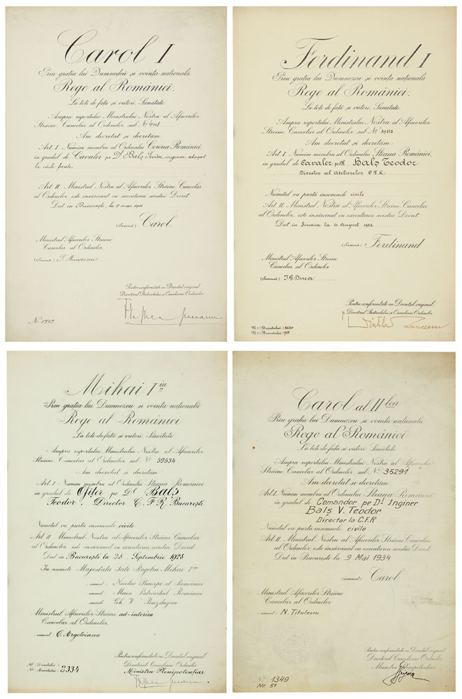 Lot inedit de diplome ale ordinelor regale româneşti, acordate pe rând inginerului Theodor Balş de către regii Carol I, Ferdinand, Carol II si Mihai
