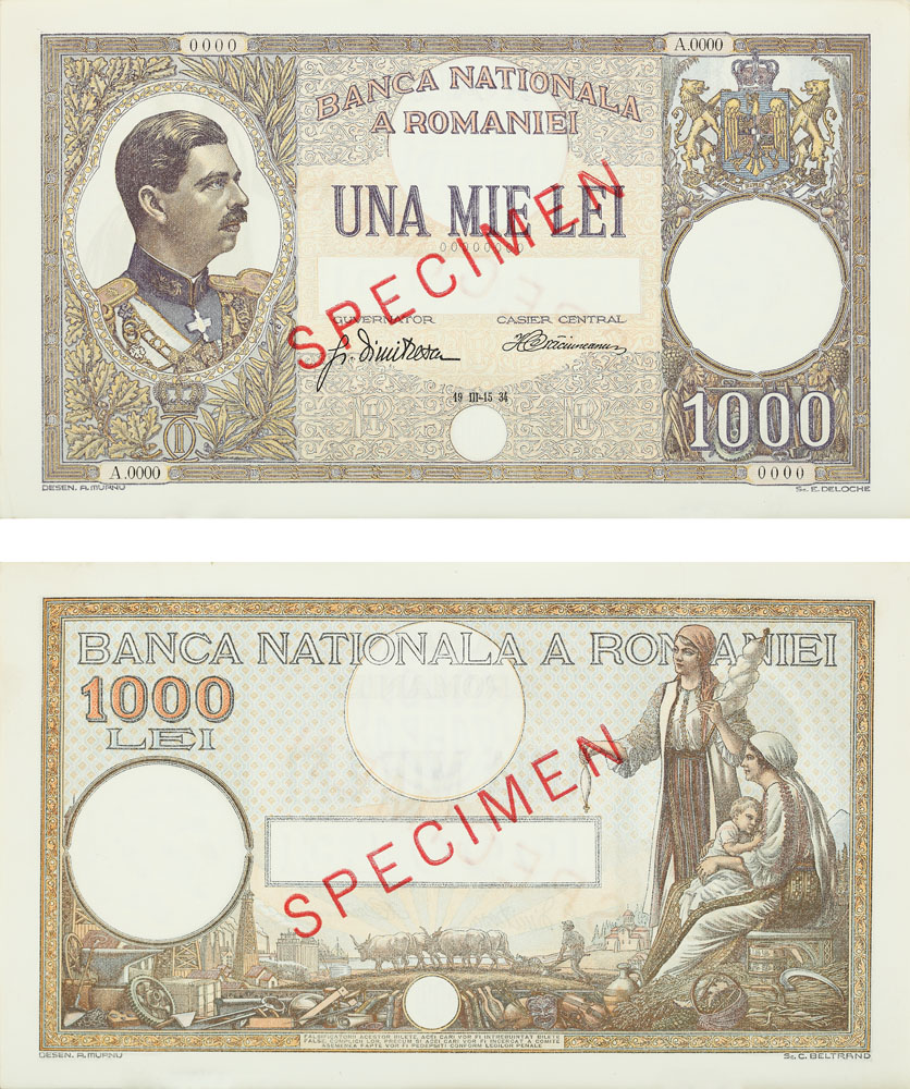 Specimen al biletului de bancă în valoare de 1000 lei, desenat de Ary Murnu, gravat de Emile Deloche și C. Beltrand