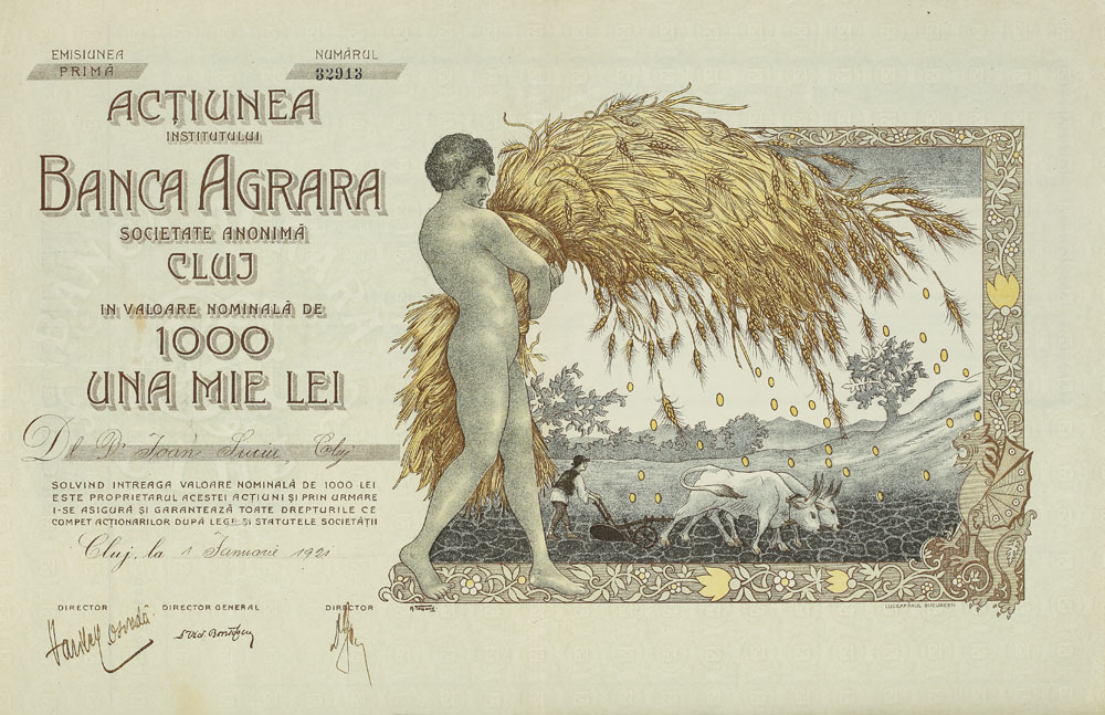 Acţiune emisă de Banca Agrară din Cluj, desenată de Mișu Teișanu, 1921
