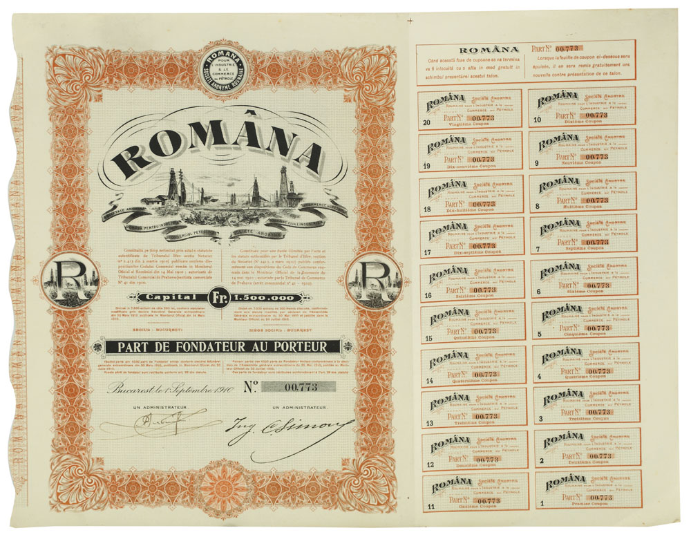 Certificat de acţionar la Societatea Petrolieră Română, 1910