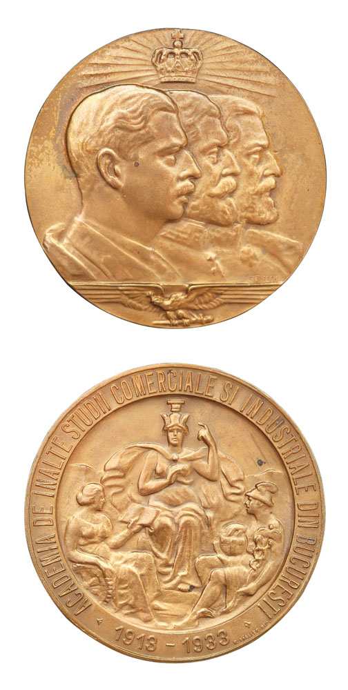 Medalia jubiliară a Academiei Comerciale Bucureşti, sculptată de Gheorghe Stănescu, atelier Robert Fässler, Bucureşti, 1933