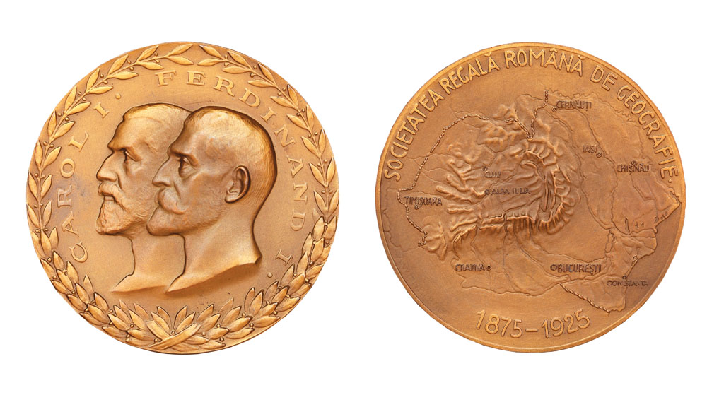 Medalia Societătii Regale Române de Geografie, sculptată de Anton Weinberger, 1925