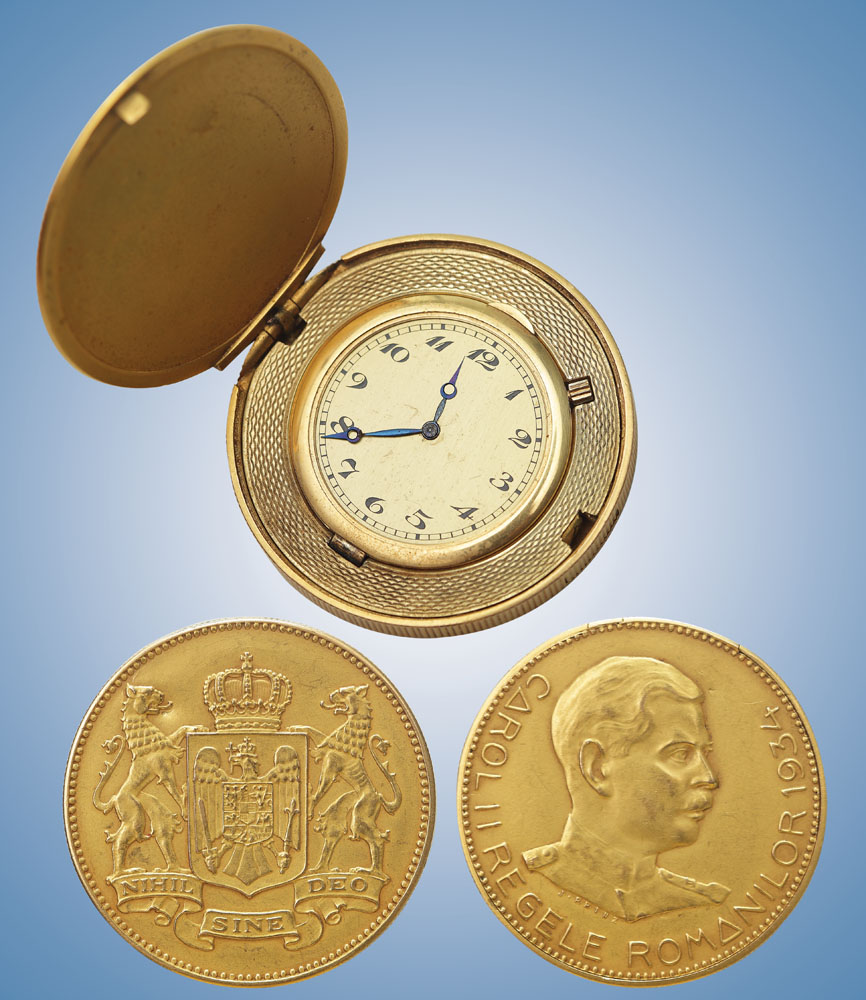 Ceas miniatural, din aur, cu efigia Regelui Carol II, sculptat de medalistul Art Nouveau Josef Prinz