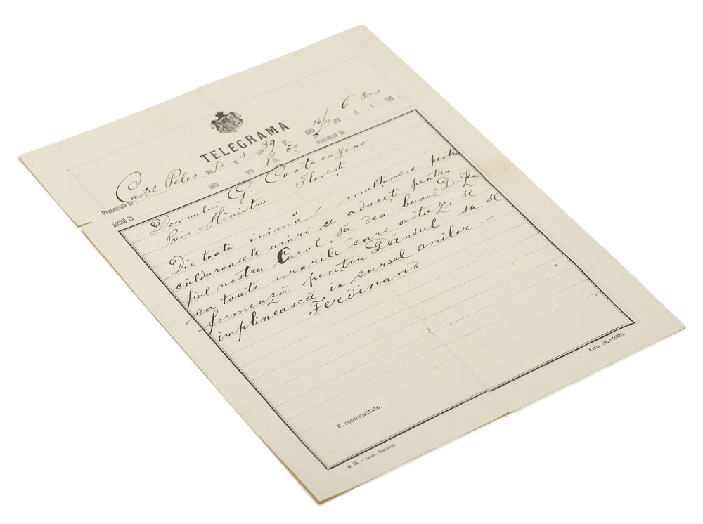 Telegramă a Principelui moștenitor Ferdinand, Oficiul PTT al Castelului Peleş, datată 16 octombrie 1905