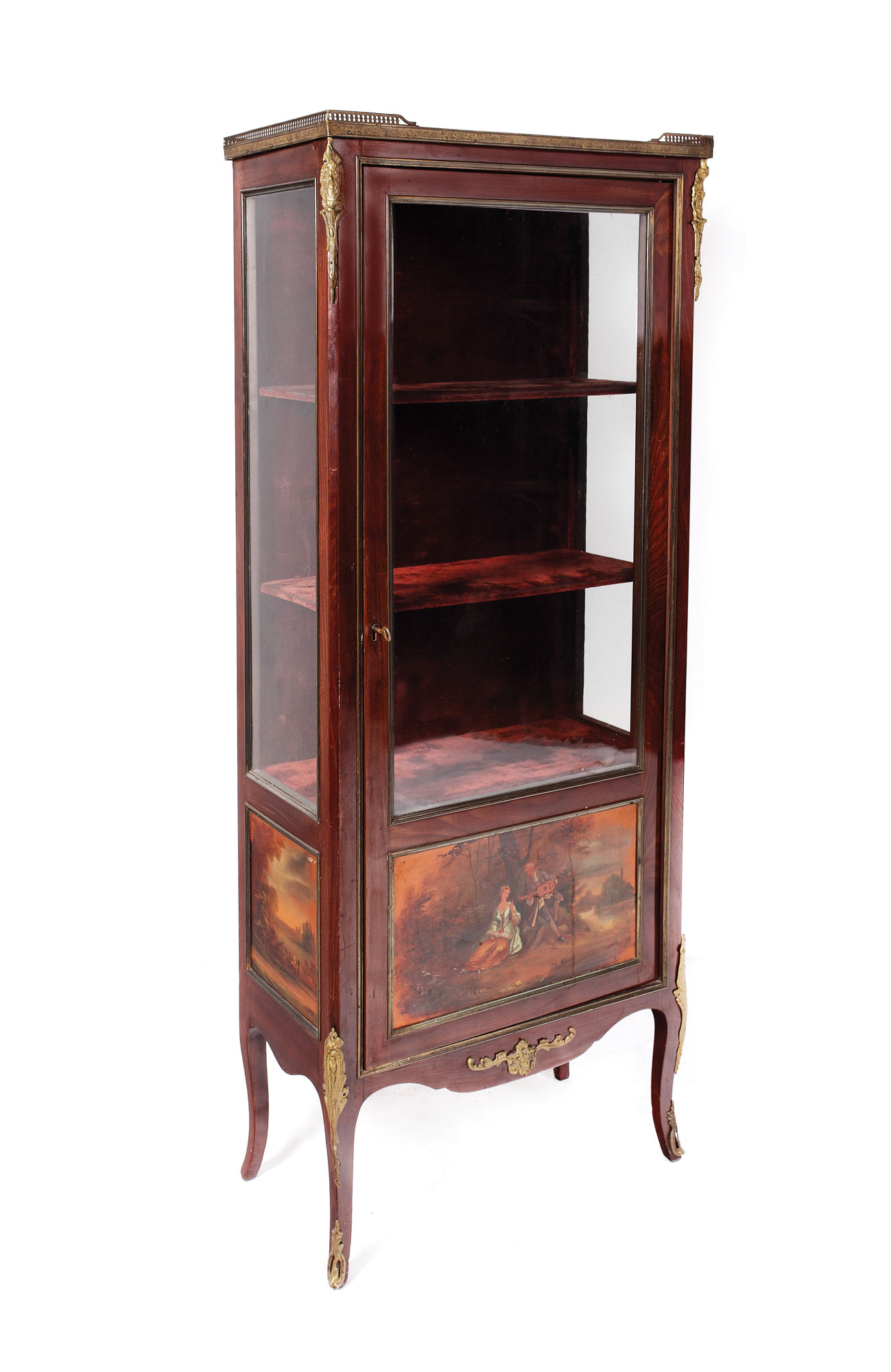 Vitrină în manieră Louis XVI, decorată cu panouri pictate manual și bronz