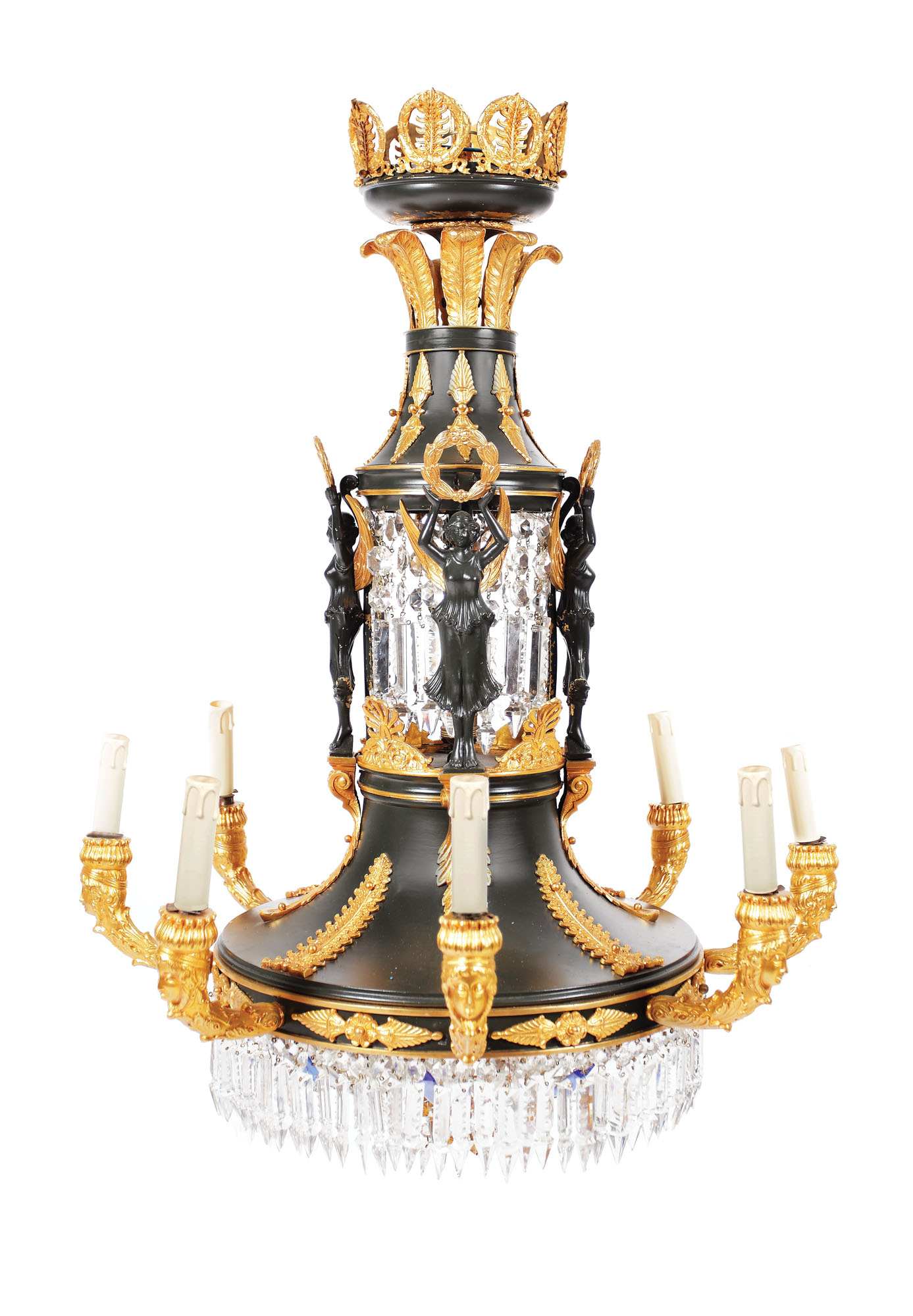 Splendid candelabru Empire din bronz doré, decorat cu pandante din cristal, cca. 1900