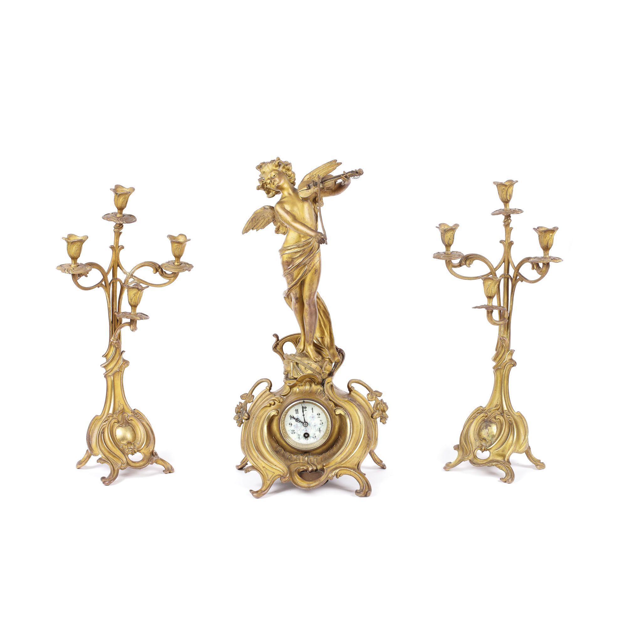Garnitură în stil Art Nouveau, din bronz, pentru șemineu, formată din ceas și două sfeșnice, cca. 1900
