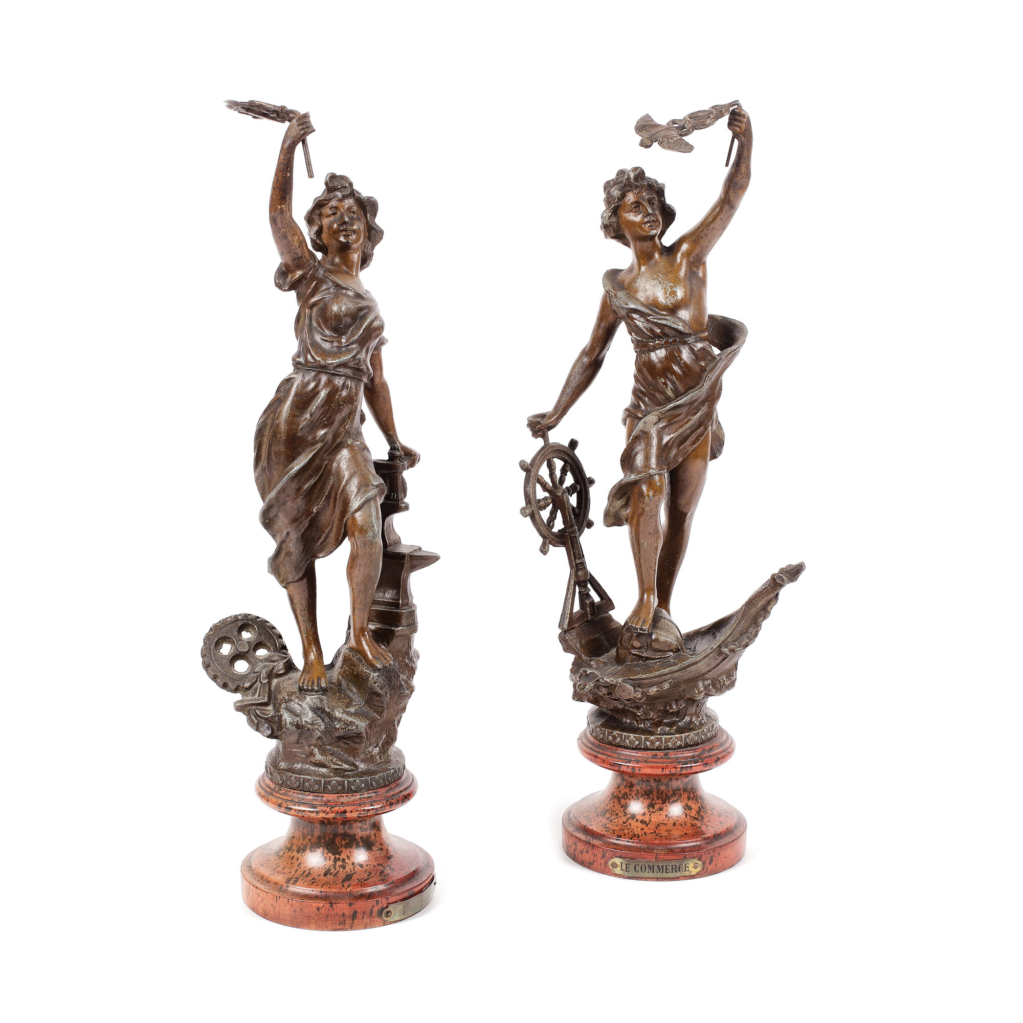 Pereche de statuete decorative, reprezentând "Comerțul și Industria", pentru șemineu sau birou
