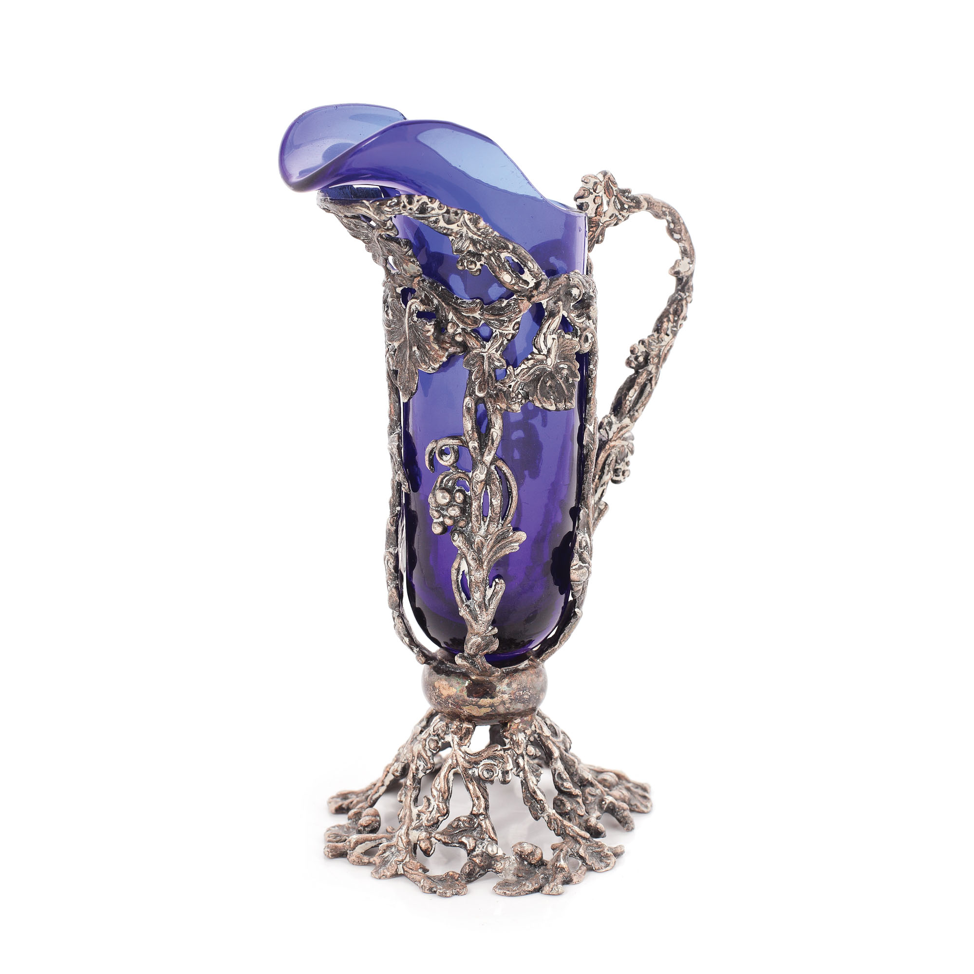 Solifloră din sticlă cobalt, în montură cu amplu decor vegetal