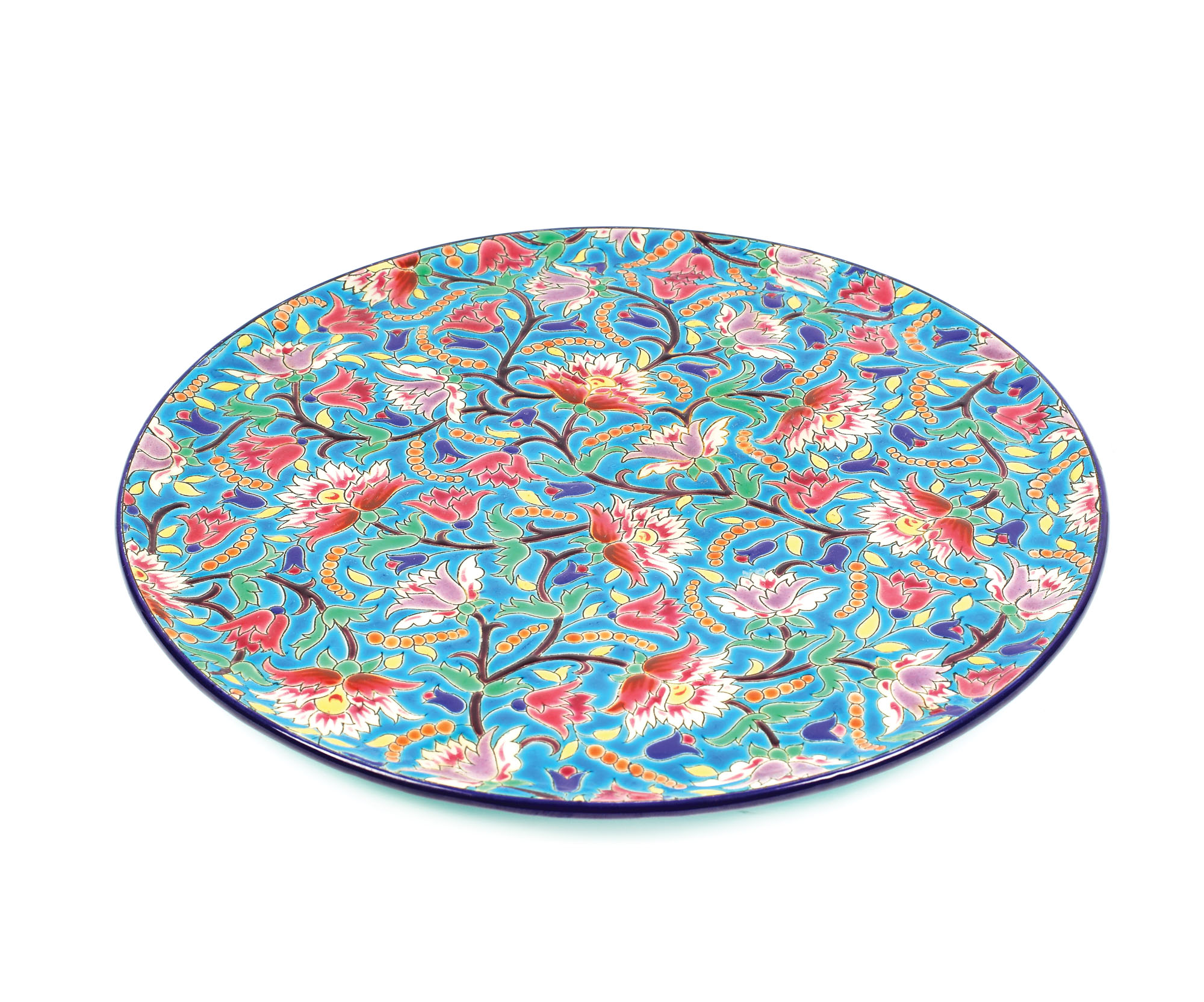 Platou din email de Longwy, cu amplu decor floral, cca. 1930-1950