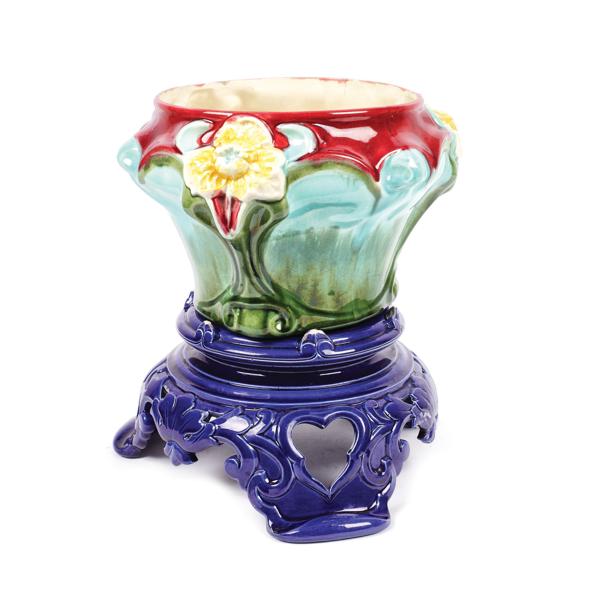 Cache-pot de inspirație Art Nouveau, cu postament, din majolica