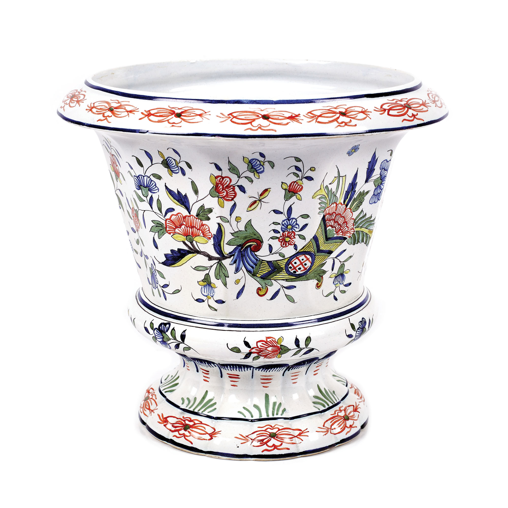 Monumentală jardinieră din ceramică Rouen, cu decor "cornul abundenței" pictat manual, prima jumătate a sec. XIX