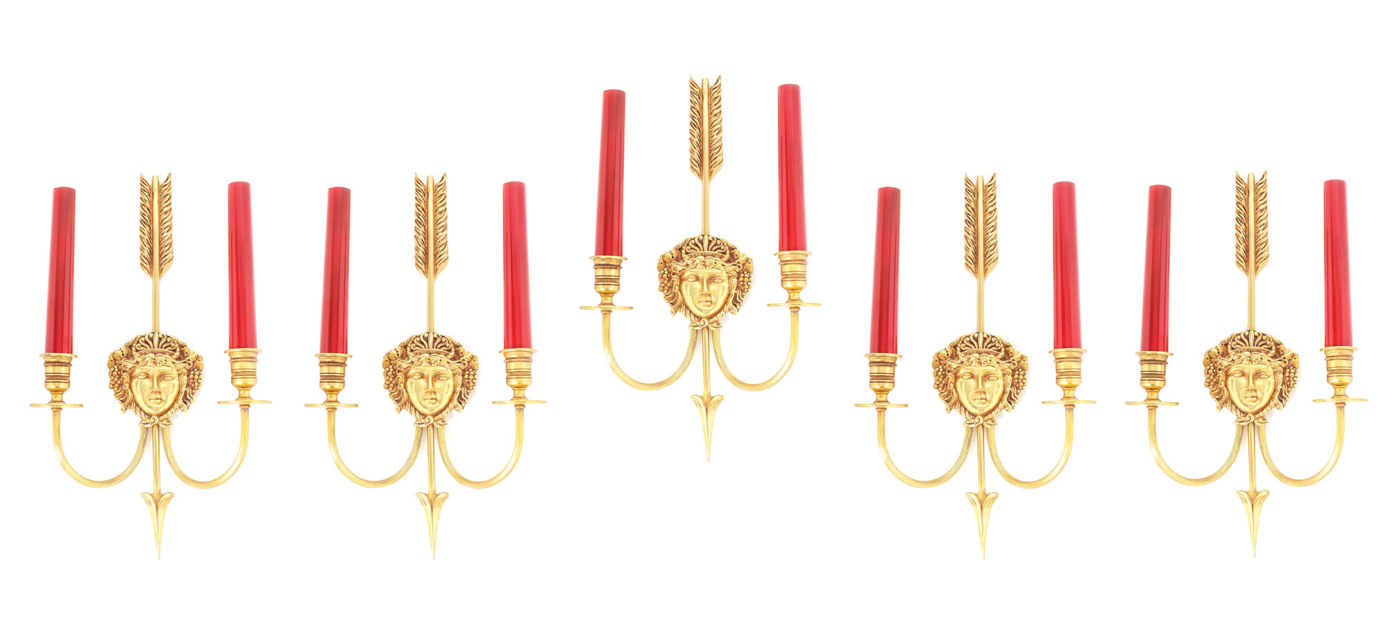 Set de cinci aplice, semnat atelier Lucien Gau, bronz placat cu aur în 2 culori, cca. 1950