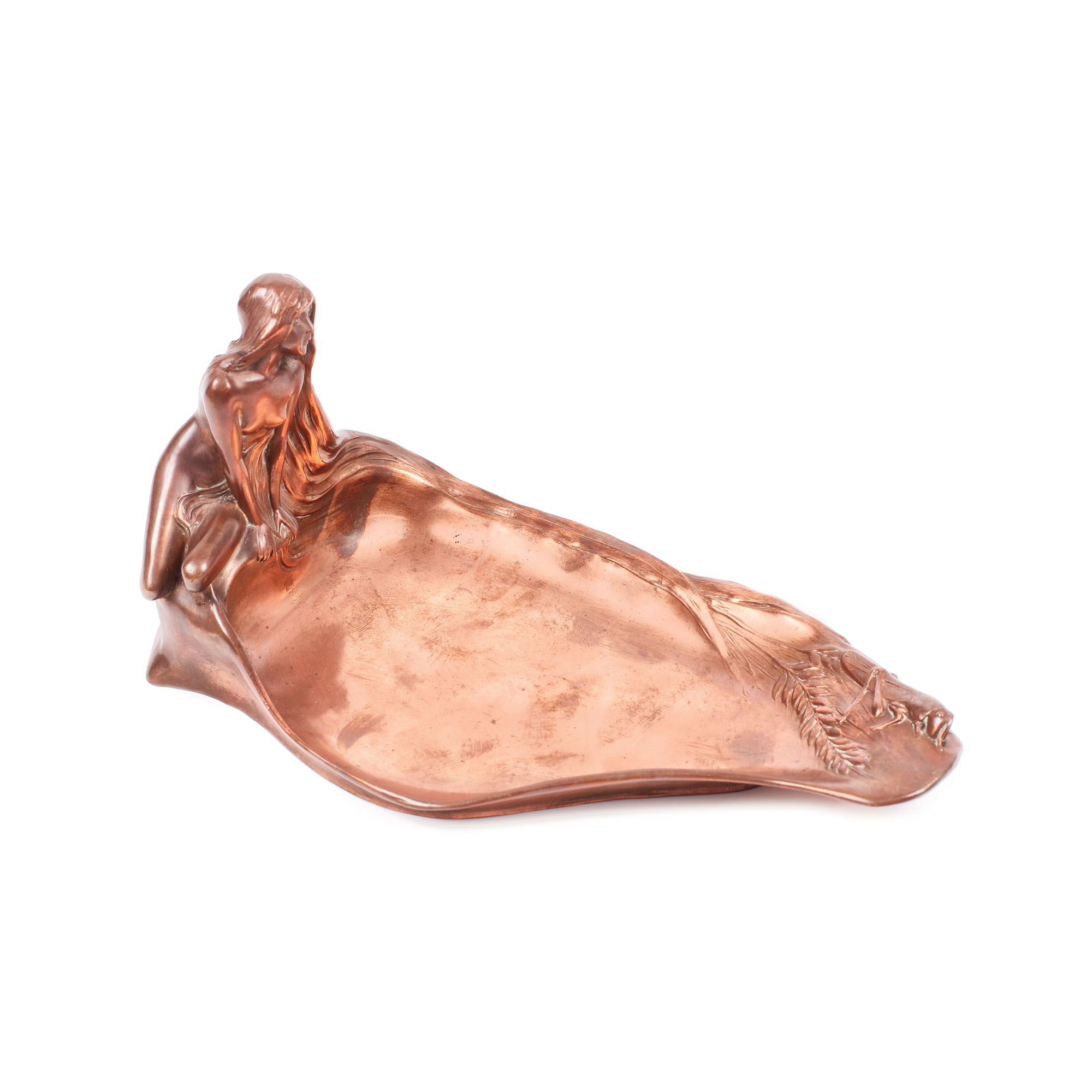 Vide-poche Art Nouveau, din cupru, decorat cu siluetă feminină