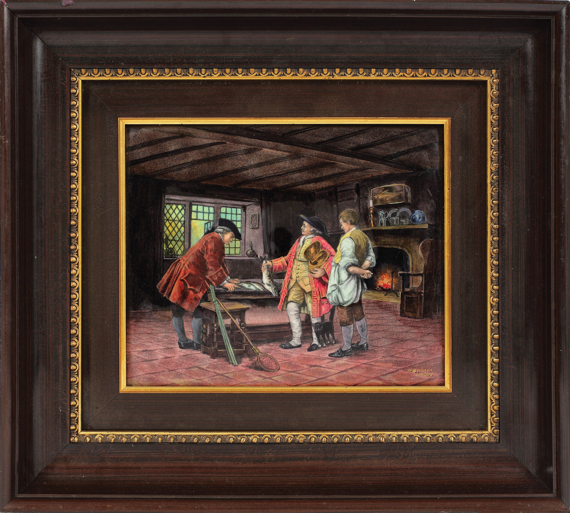 "Comercianții de pește"- placă decorativă Limoges, decorată cu scenă de gen, semnată Robert Sarlandie, cca. 1920