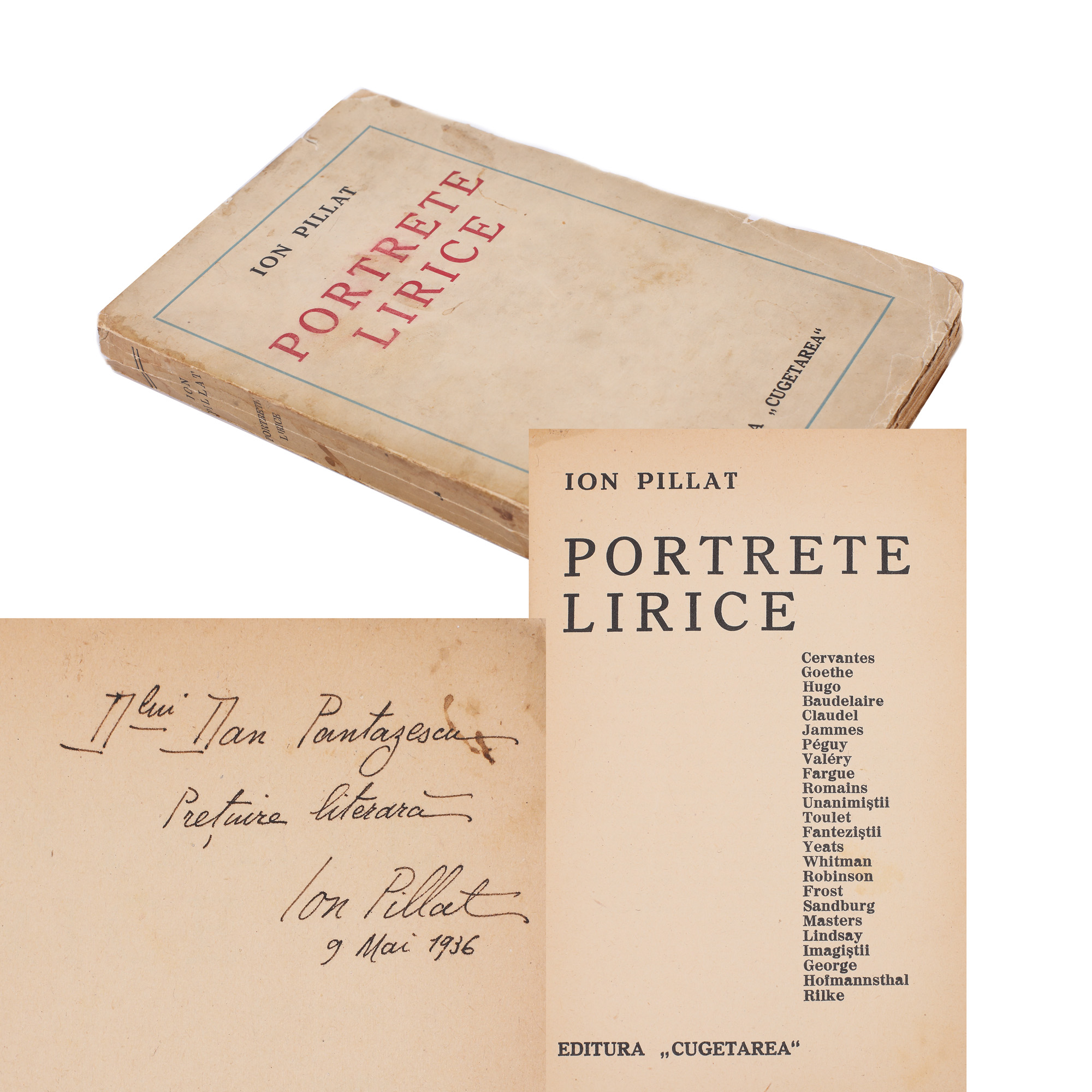 ”Portrete lirice”, de Ion Pillat, ediție princeps, București, 1933, cu dedicația și semnătura olografă a autorului