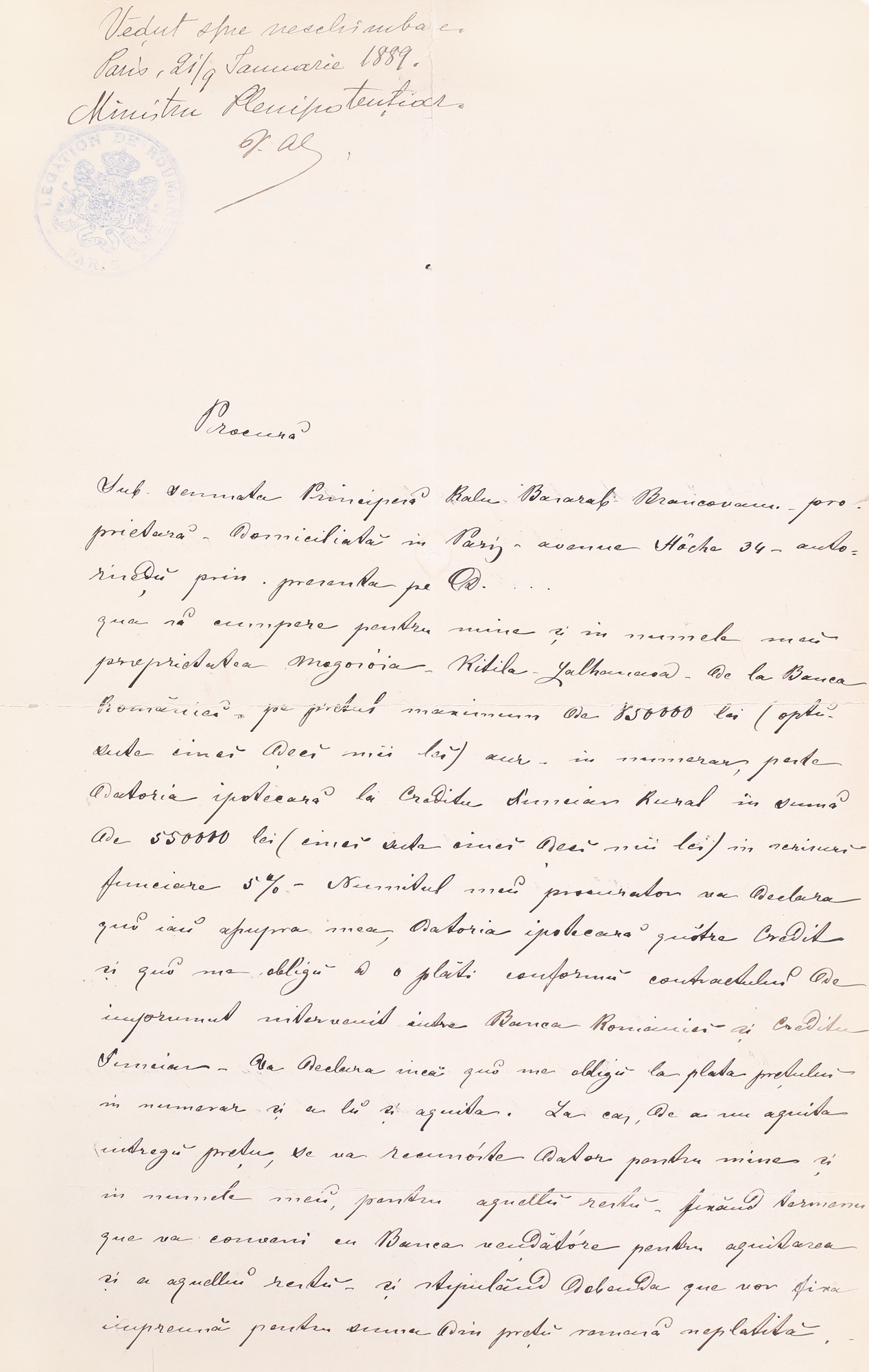 Power of attorney requested for the purchase of an estate, by Princess Ralu Basarab Brâncoveanu, authenticated by Vasile Alecsandri, Minister Plenipotentiary of Romania in Paris, January 21st, 1889, with the handwritten signature of the diplomat-poet, rare, collector’s item (2 pages)