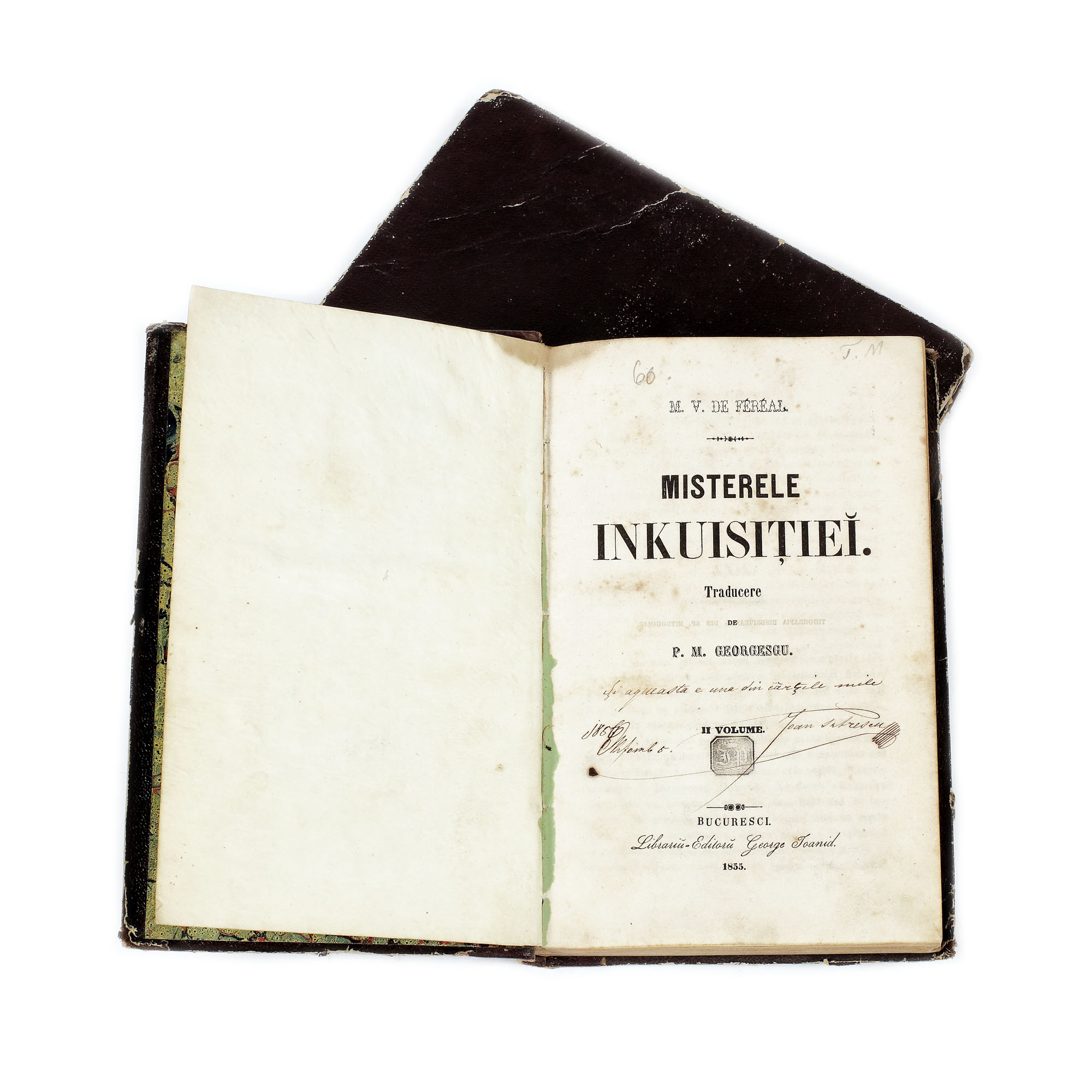 "Misterele inchiziţiei", de M.V. de Féréal, traducere de P.M. Georgescu, două volume, București, 1855