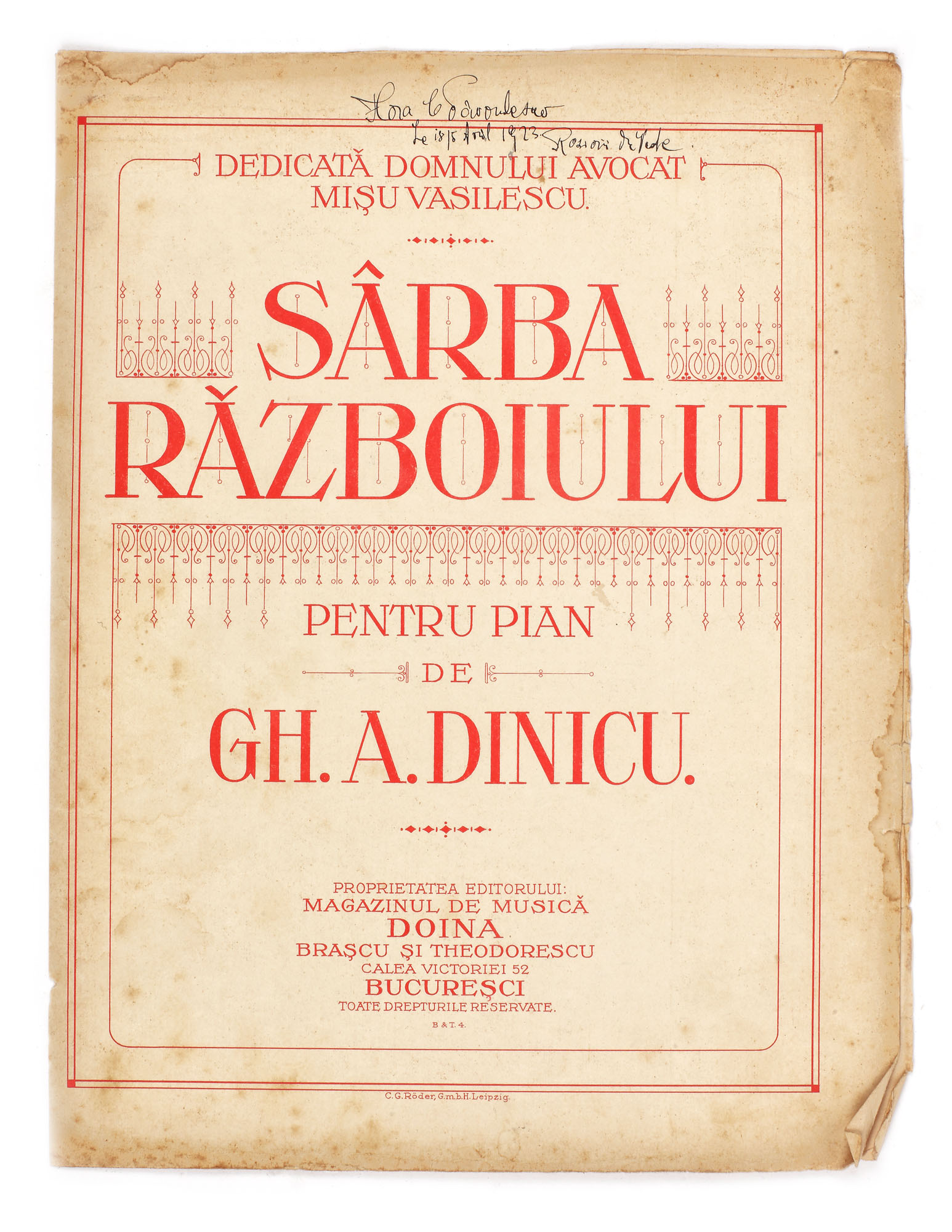Partitură "Sârba Războiului", de Gheorghe A. Dinicu, dedicată avocatului Mișu Vasilescu