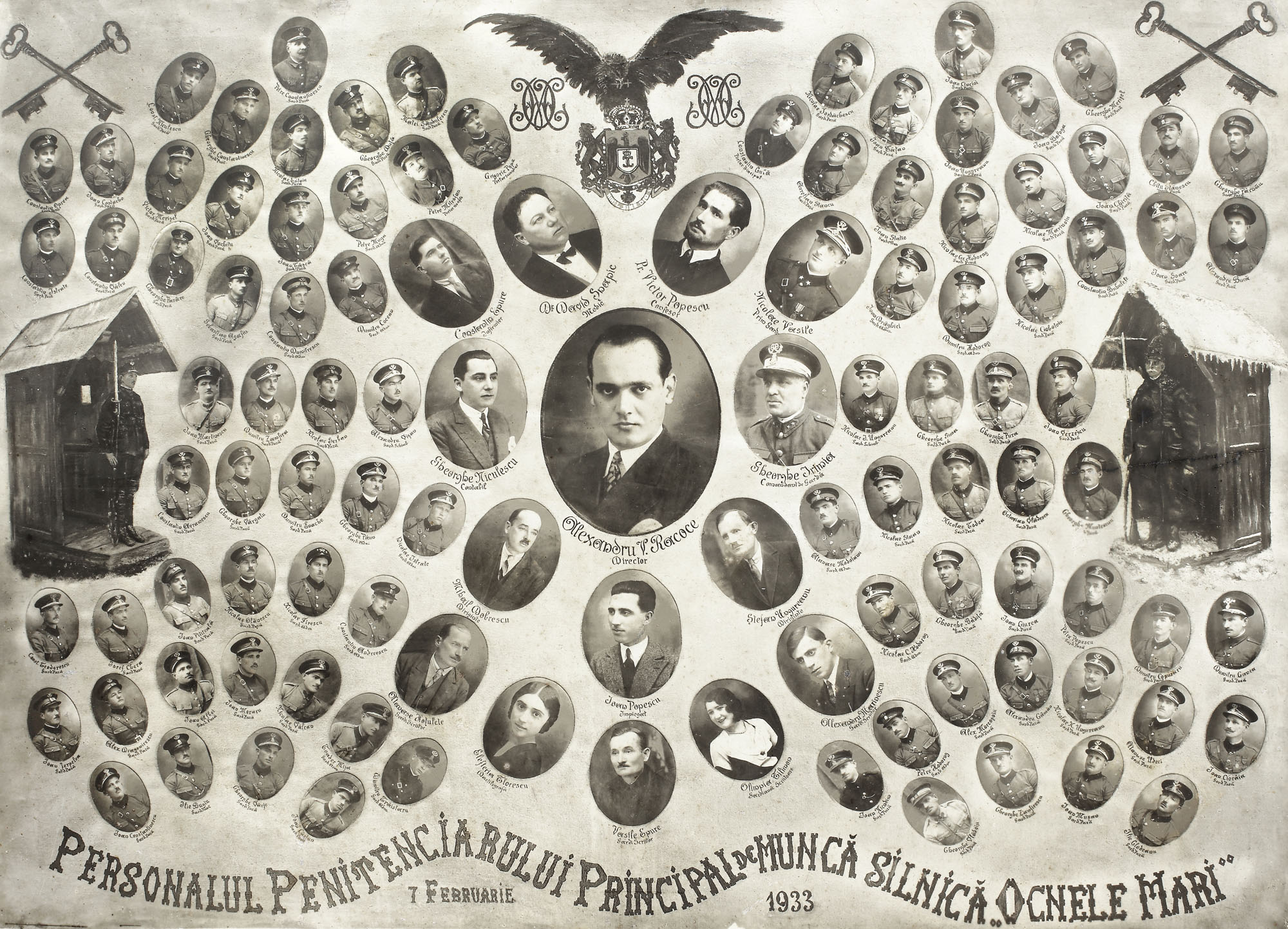 Fotografie cu personalul Penitenciarului principal de muncă silnică "Ocnele Mari", 7 februarie 1933