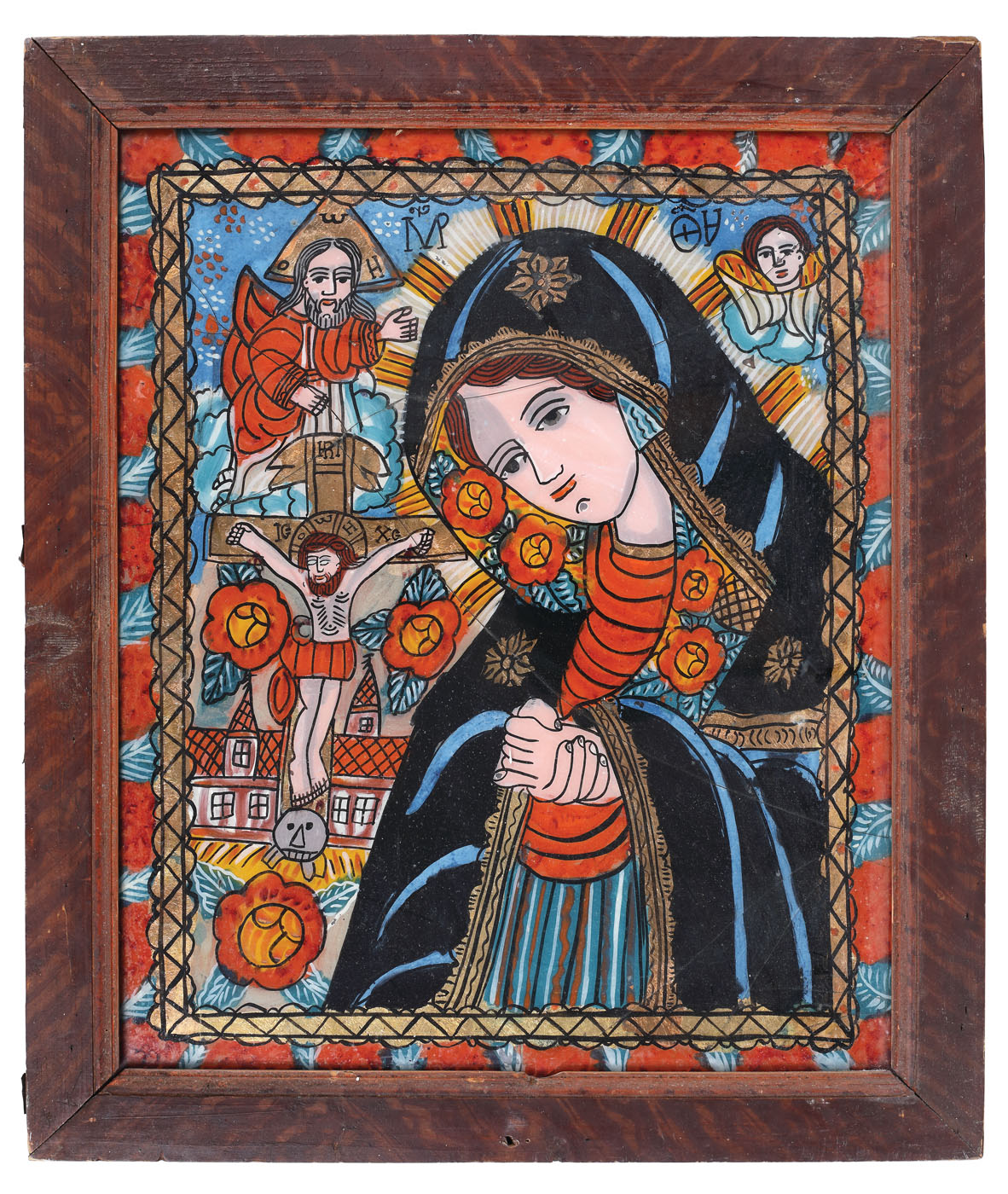Icoană pe sticlă, "Maica Domnului îndurerată", atelier transilvănean, sfârşitul sec. XIX, provine din colecția omului politic Corneliu Vadim Tudor