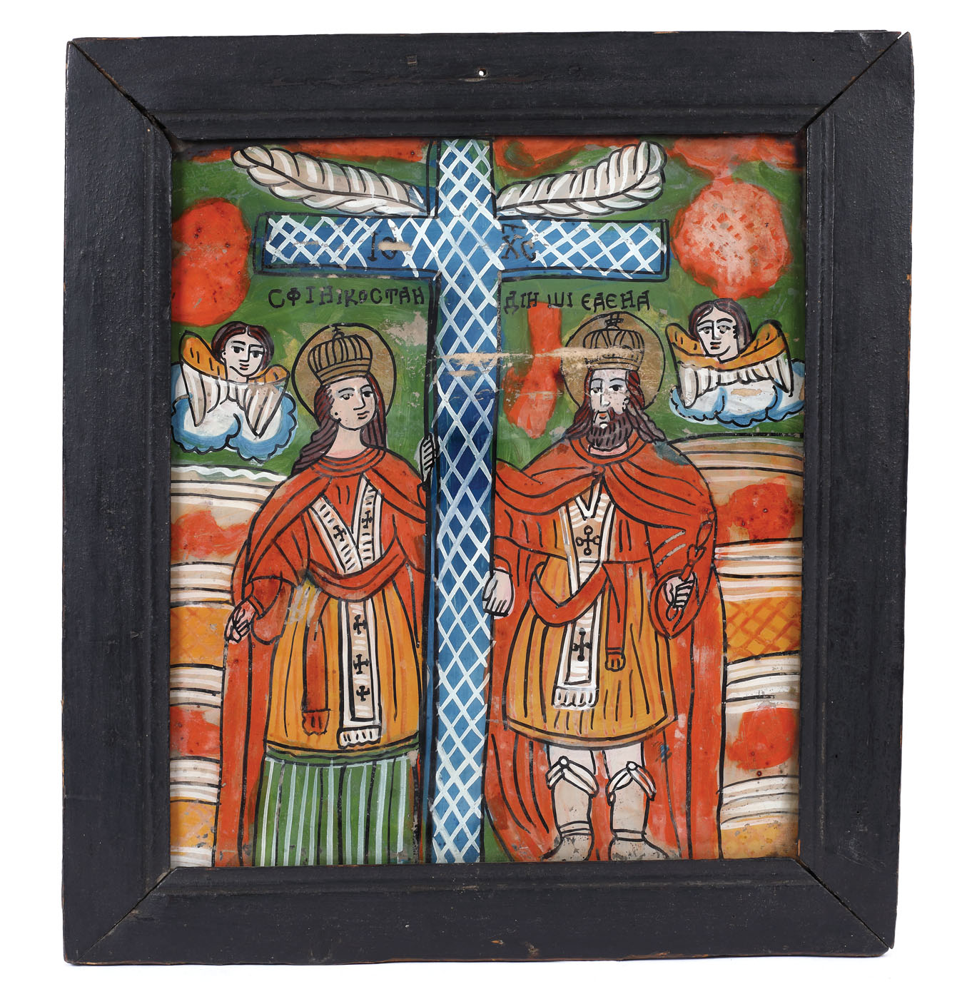 Icoană pe glajă, ”Sfinții Împărați Constantin și Elena”, atelier transilvănean, prima jumătate a sec. XIX