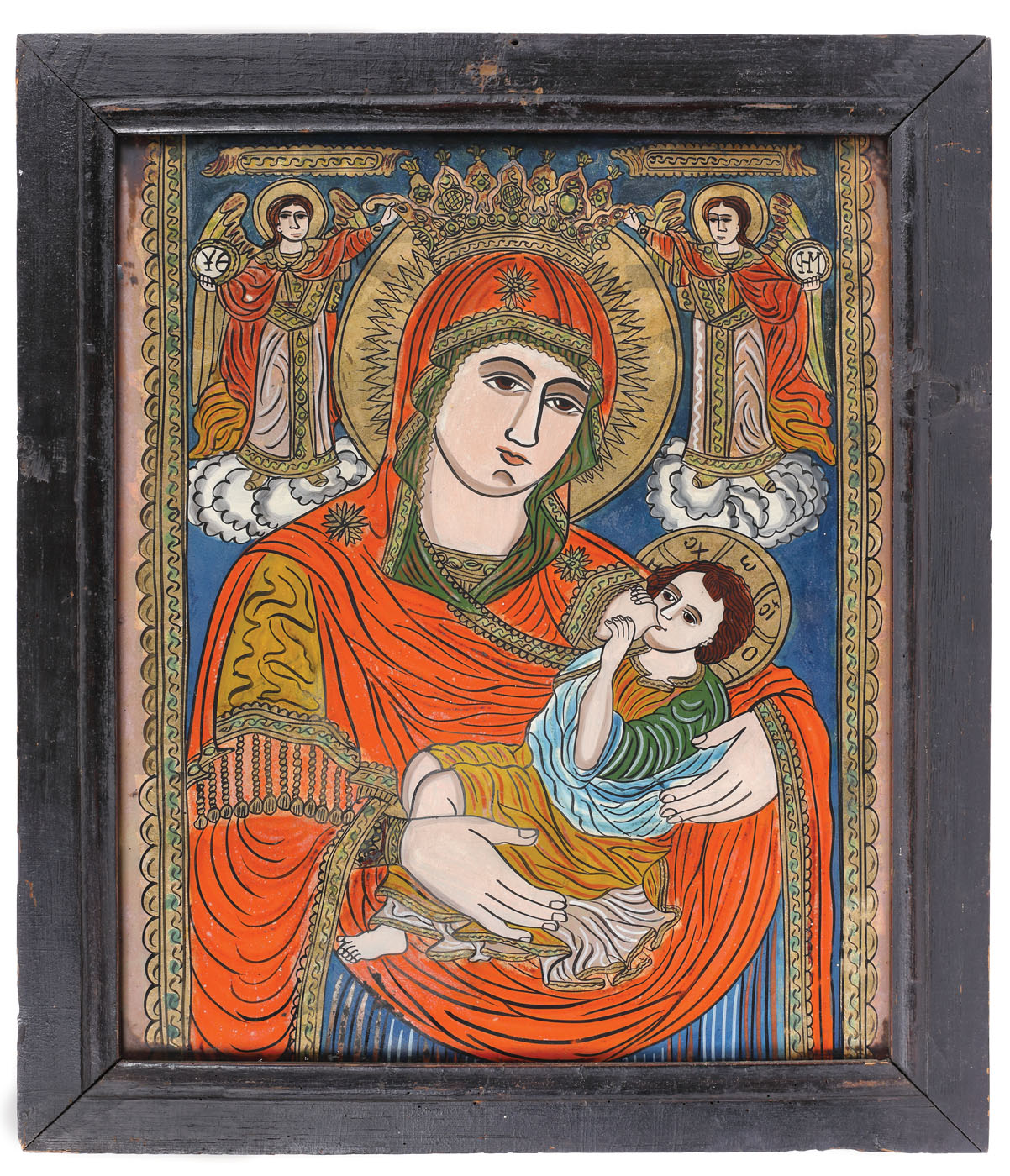 Icoană pe sticlă, "Maica Domnului - Cea care alăptează”, atelier transilvănean (Țara Oltului), sfârșitul sec. XIX