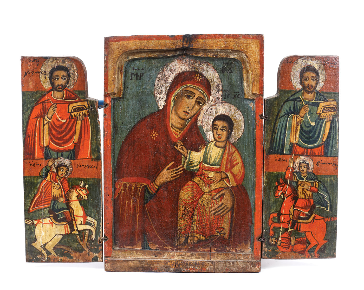 Triptic, "Maica Domnului cu Pruncul, Sfântul Gheorghe și Sfântul Dimitrie", școală grecescă, sec. XIX