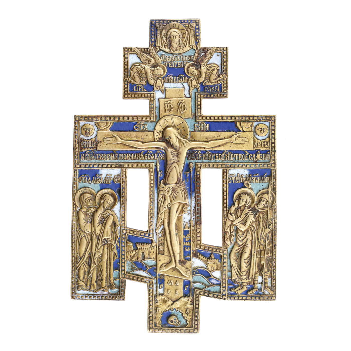 Cruce de mână din alamă, decorată cu email, "Iisus Răstignit", atelier rusesc, sec. XIX