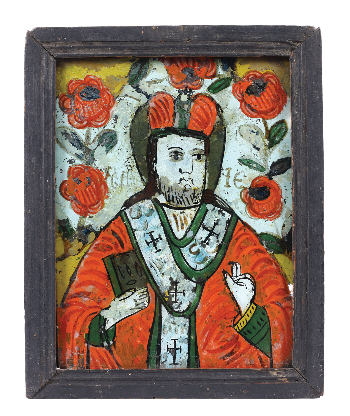 Icoană pe glajă, ”Sfântul Nicolae”, atelier transilvănean (Nicula), a doua jumătate a sec. XIX