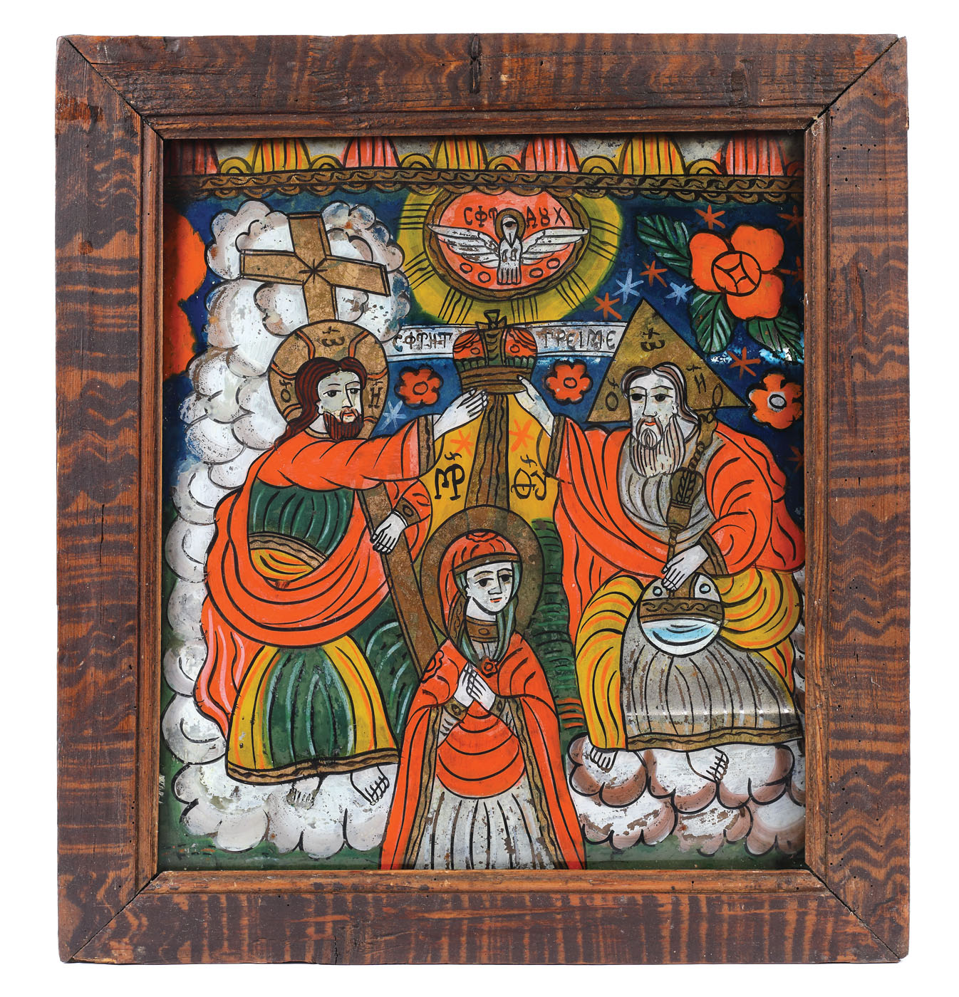 Icoană pe glajă, ”Încoronarea Maicii Domnului”, ramă pictată, atelier transilvănean (Gherla), sec. XIX