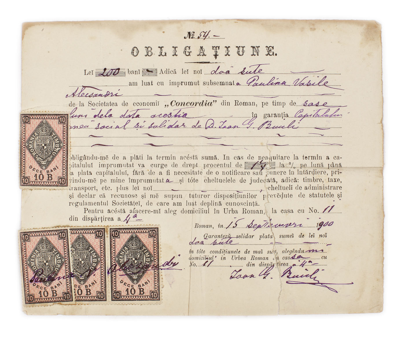 Obligațiune de 200 de lei noi, acordată Paulinei Vasile Alecsandri de către Societatea de economii ”Concordia” din Roman timp de 6 luni de la emiterea acesteia, 15 septembrie 1900