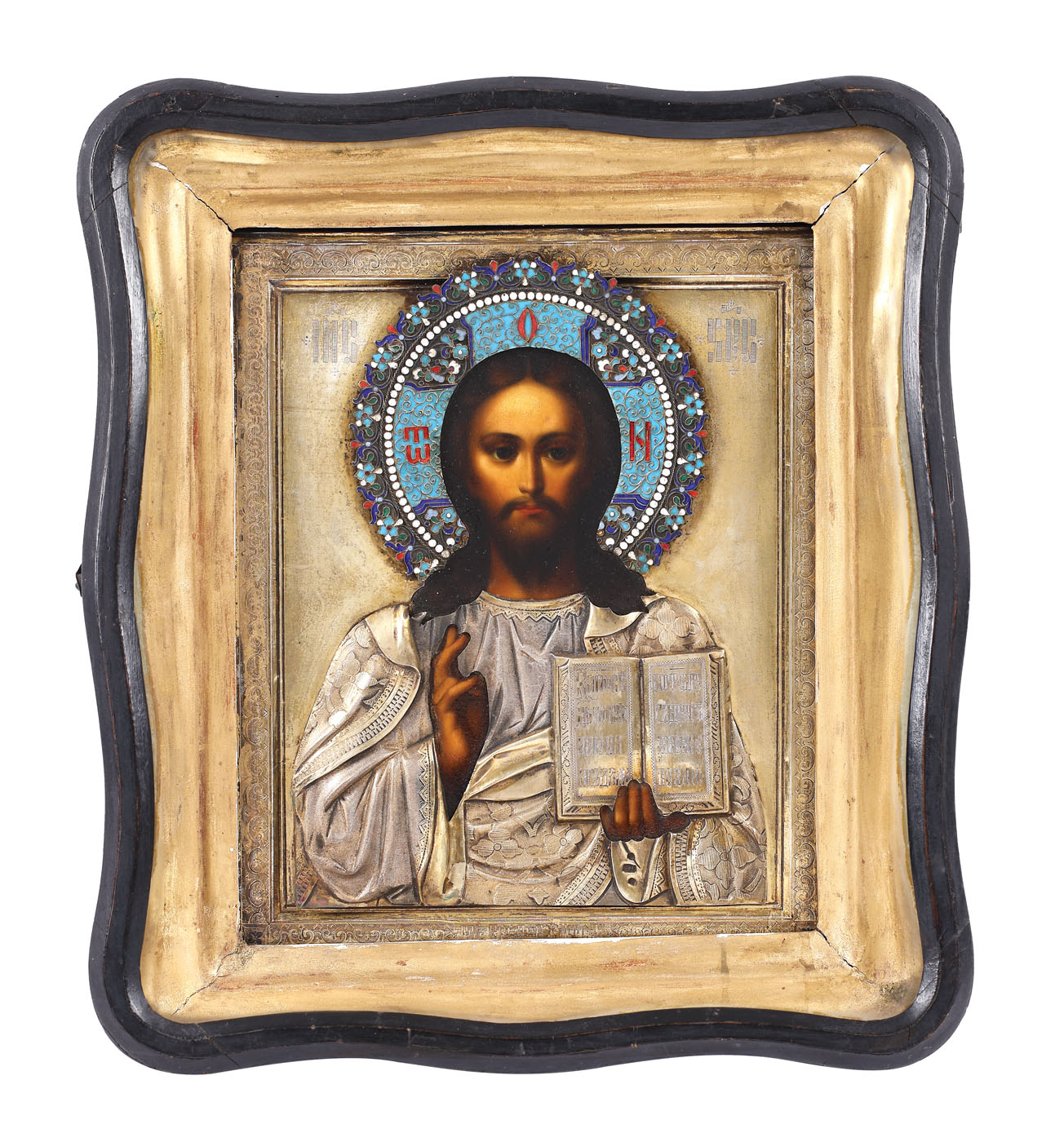 Icoană pe lemn, cu ferecătură din argint și email, "Iisus Pantocrator", școală rusească, sfârșitul sec. XIX