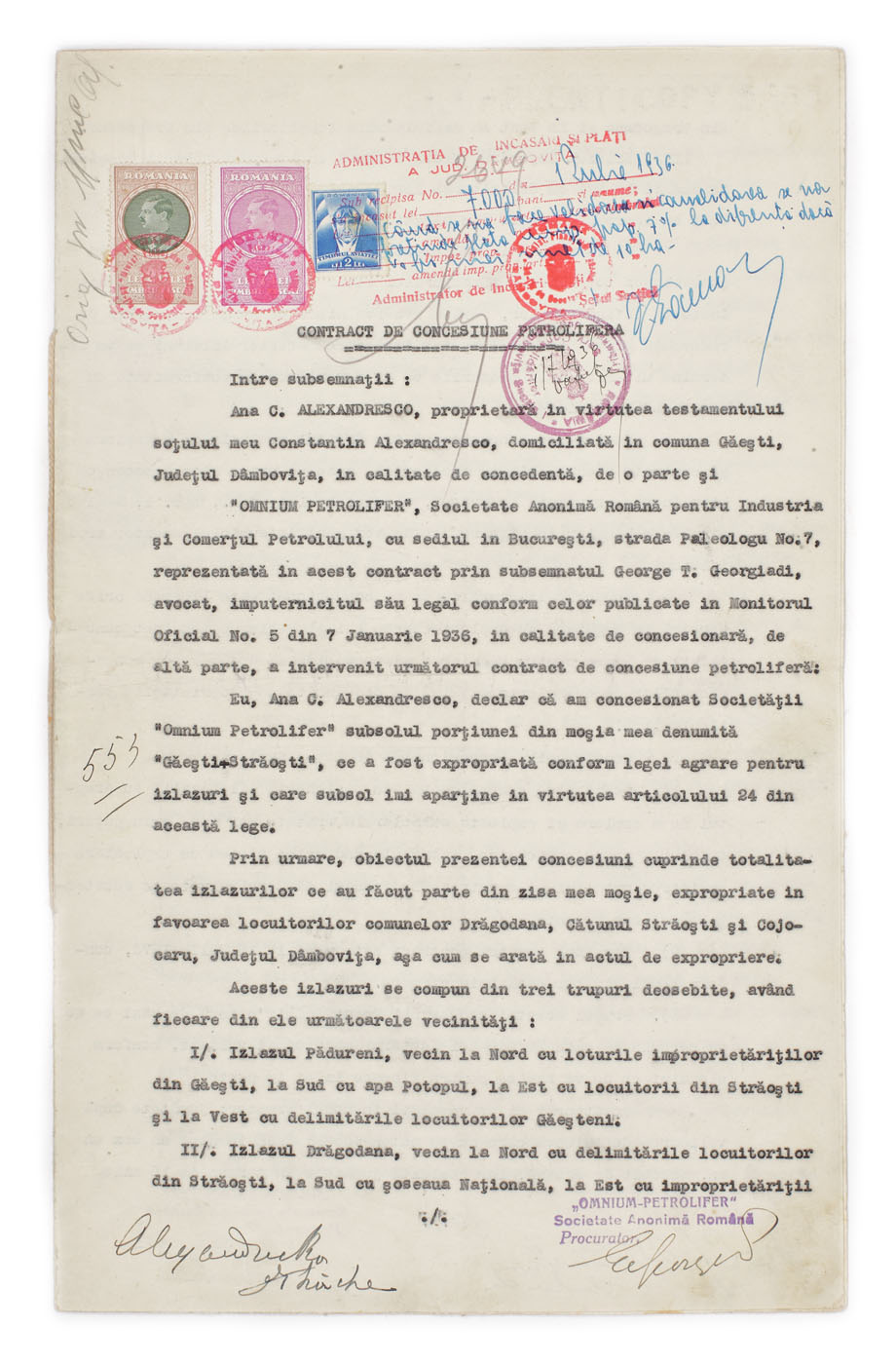Contract de concesiune petroliferă, exemplarul concesionarului, înregistrat la fisc, 7 ianuarie 1936