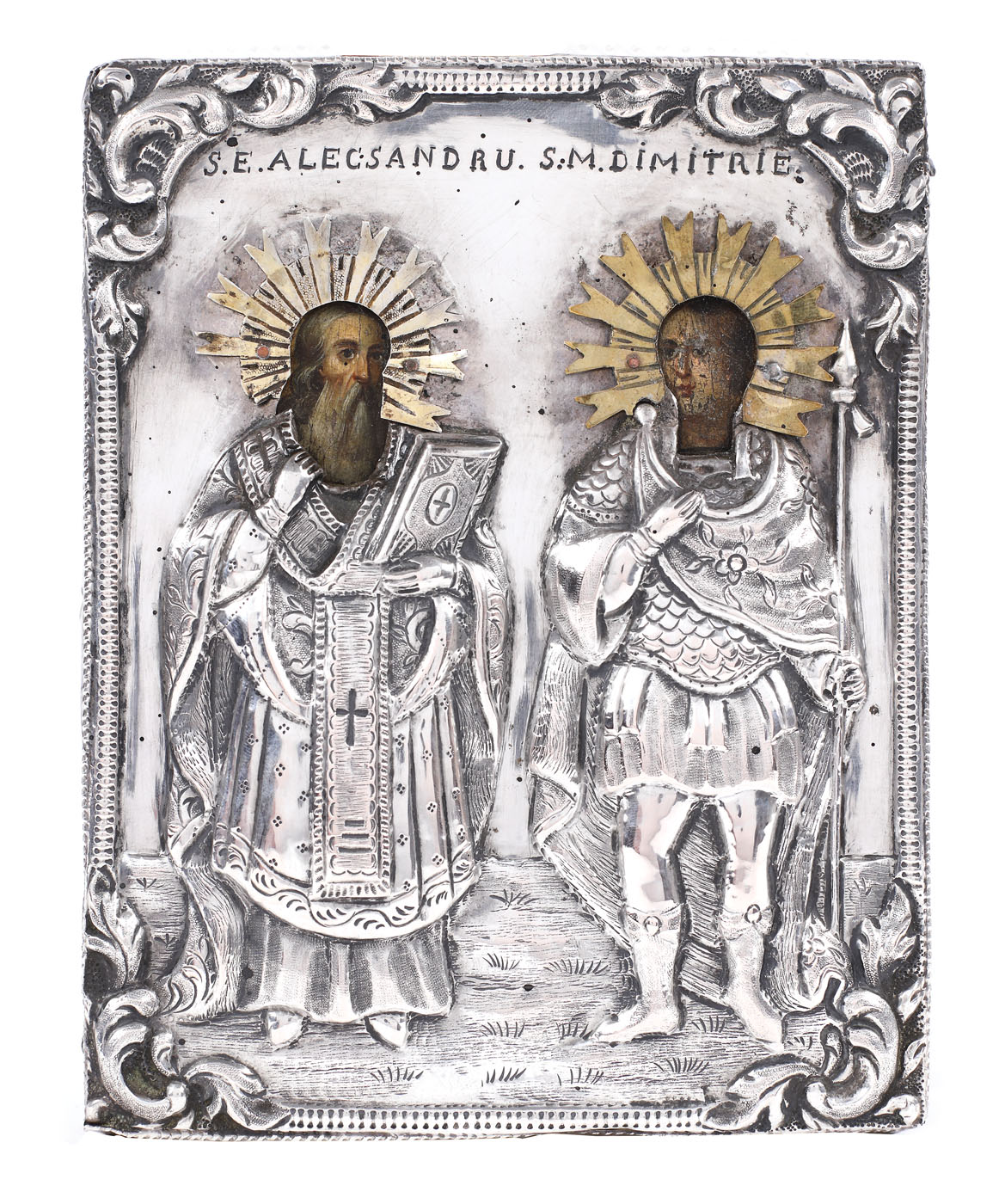Icoană pe lemn, cu ferecătură din argint, ”Sfântul Alecsandru și Sfântul Dimitrie”, școală românească, sfârșitul sec. XIX