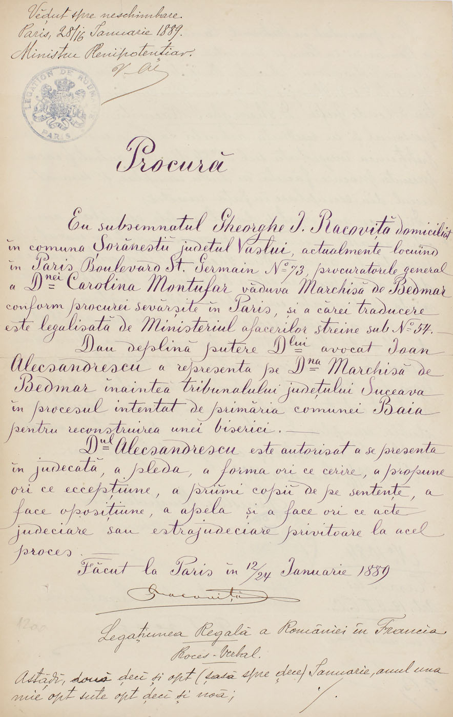 Procură olografă de împuternicire a avocatului Ioan Alexandrescu, de către Gheorghe I. Racoviţă, pentru a reprezenta pe marchiza de Bedmar înaintea tribunalului judeţului Suceava, Paris, 28 ianuarie 1889, cu semnătura olografă a lui Vasile Alecsandri, generalului Dimitrie Bengescu şi a lui Gheorghe Racoviţă