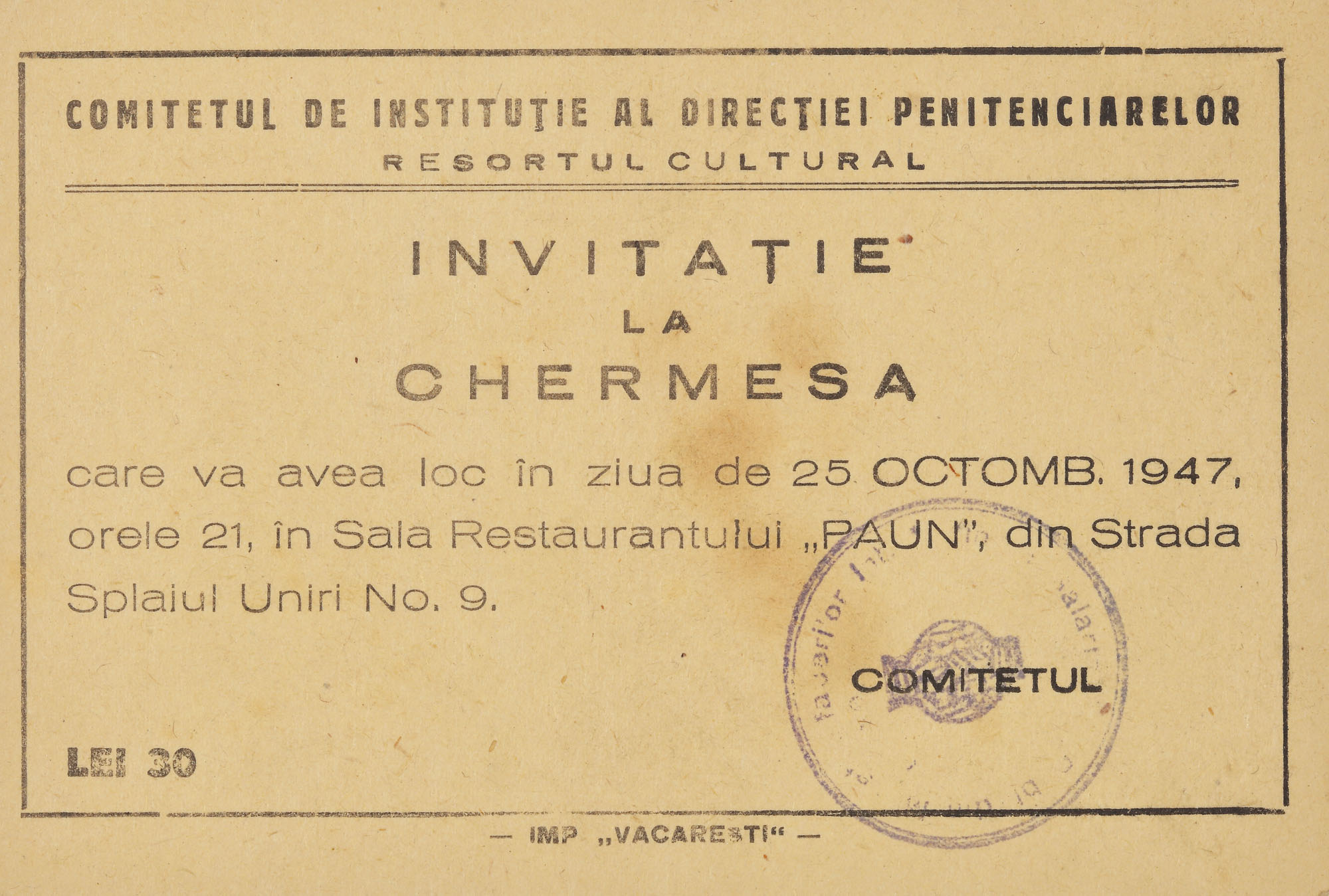 "Invitație la chermesa" organizată de Comitetul de Instituție al Direcției Penitenciarelor, 25 octombrie 1947
